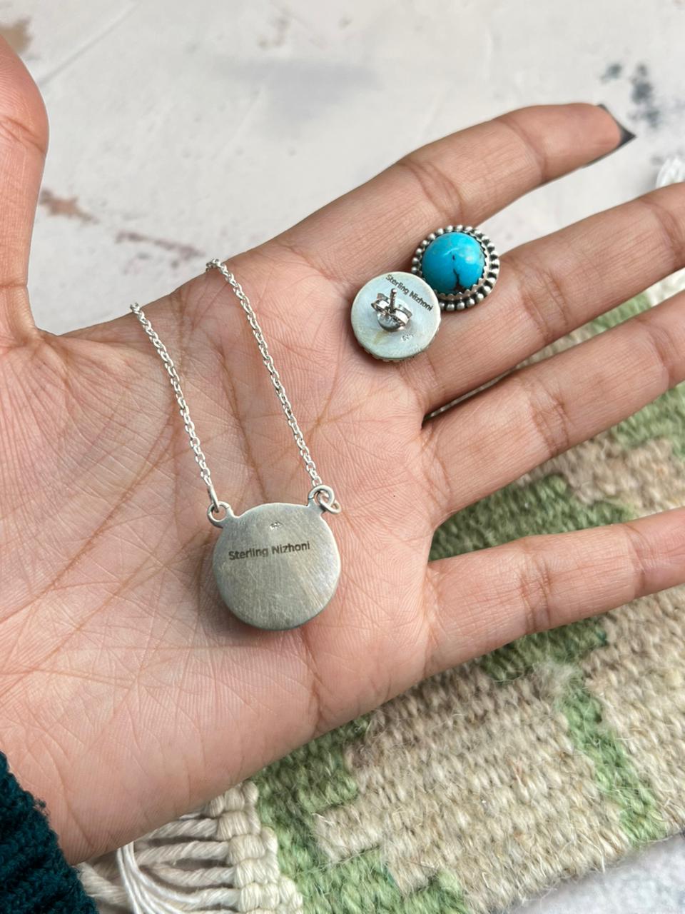 Handmade Sterling Silver Arizona Turquoise Necklace Earrings Set "Signed Nizhoni"