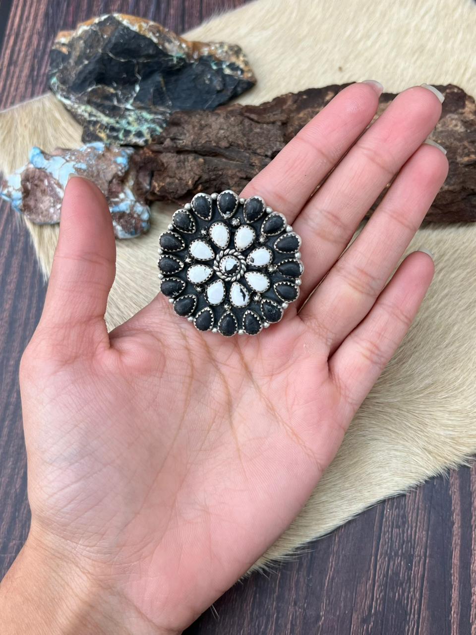 Handmade Sterling Silver White Buffalo Adjustable Ring "Signed Nizhoni"