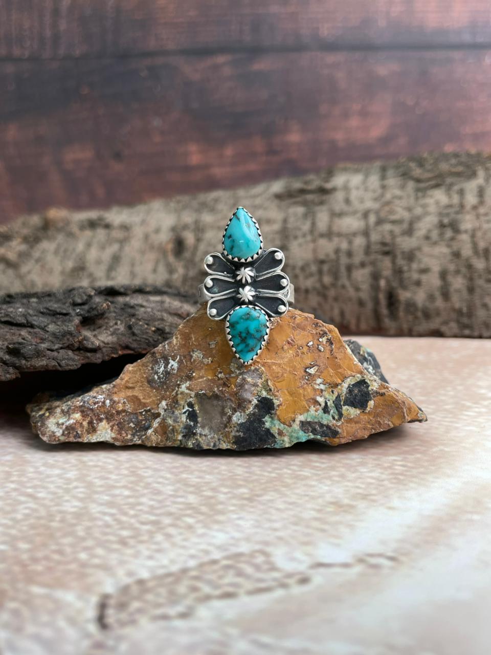 Handmade Sterling Silver Hubei Turquoise Adjustable Ring "Signed Nizhoni"