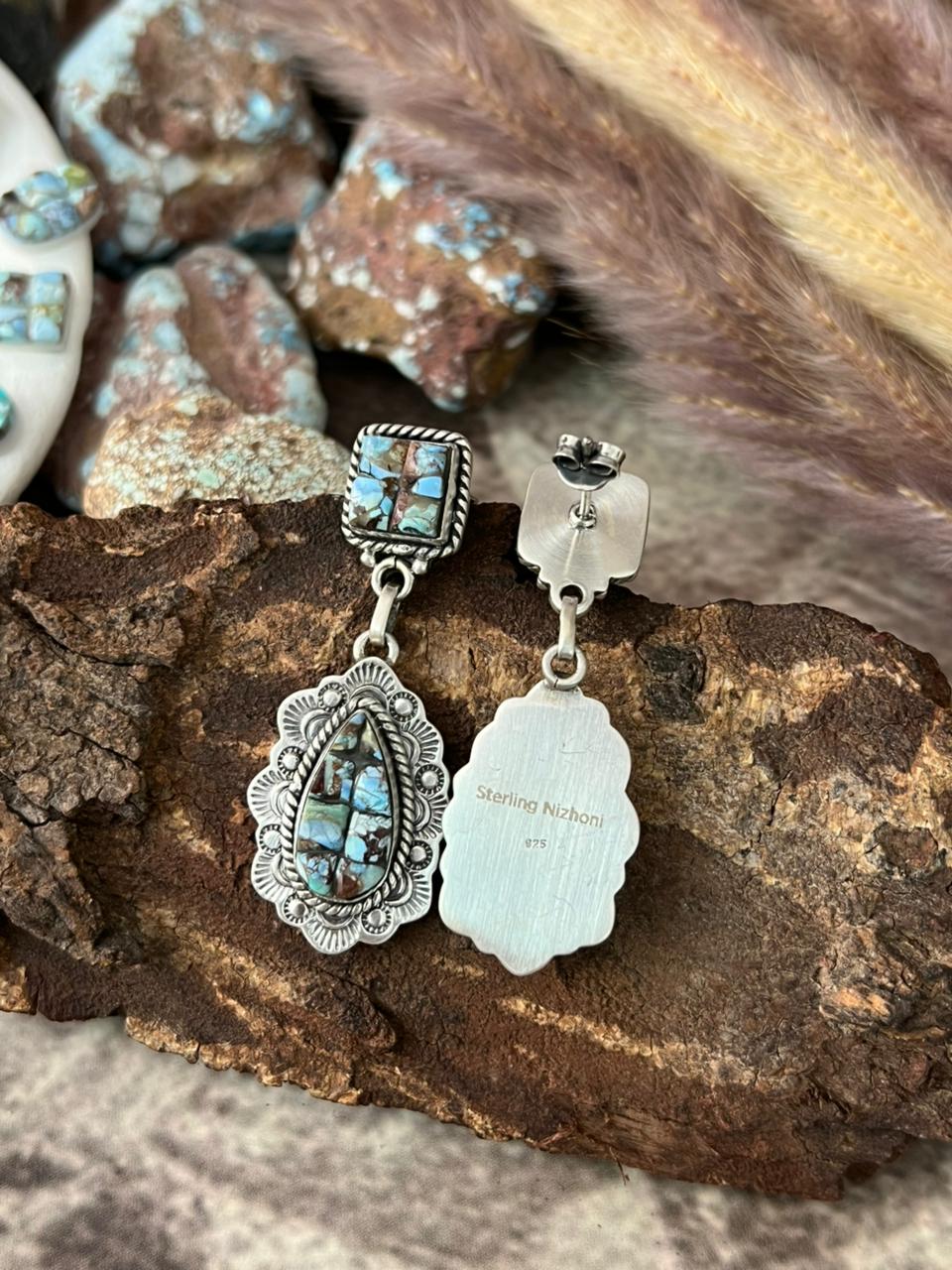 Handmade Sterling Silver Golden Hills Cobble Collection Post Dangle Earrings "Signed Nizhoni"
