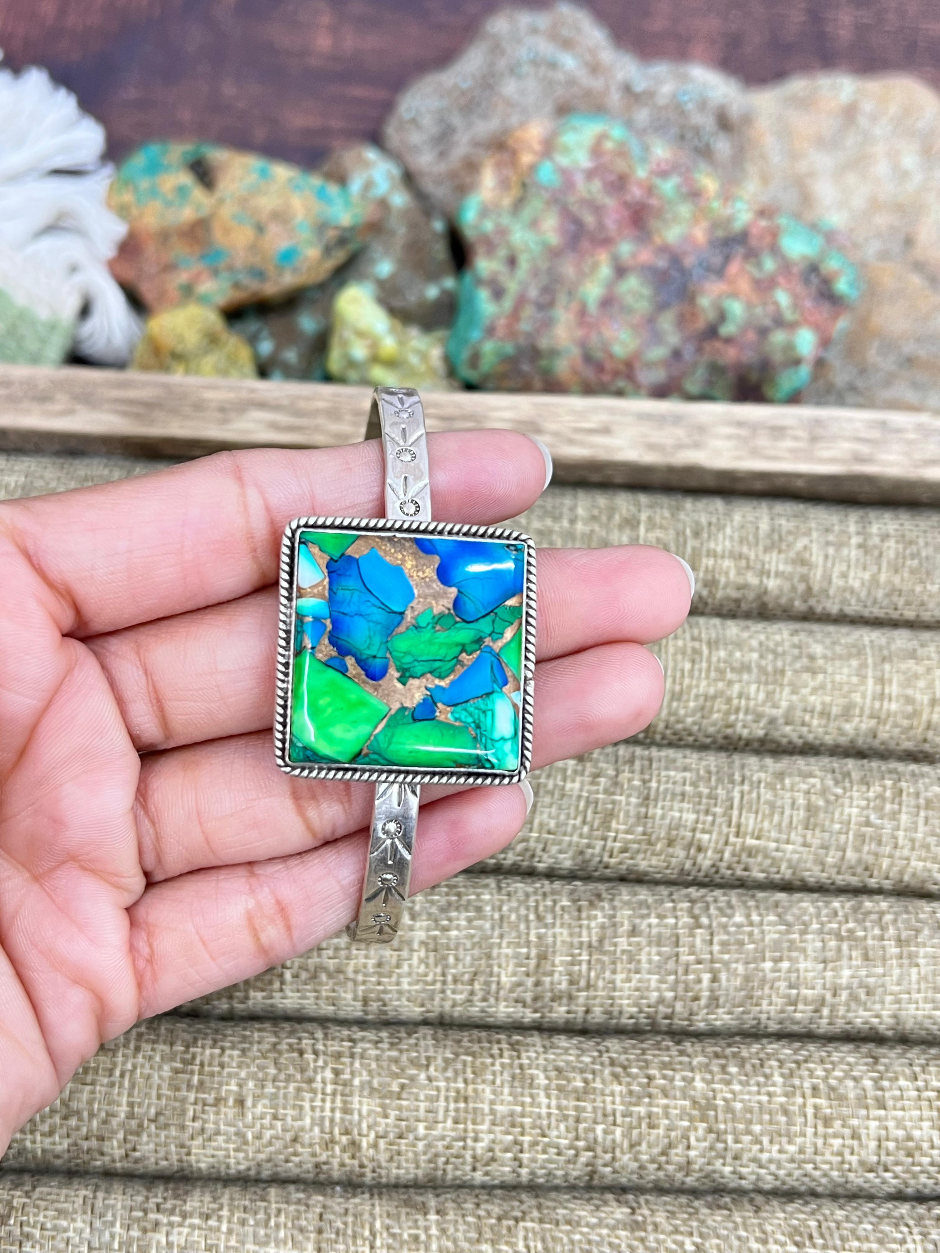 Handmade Sterling Silver Peacock Dahlia Cuff Bracelet with Signed Nizhoni