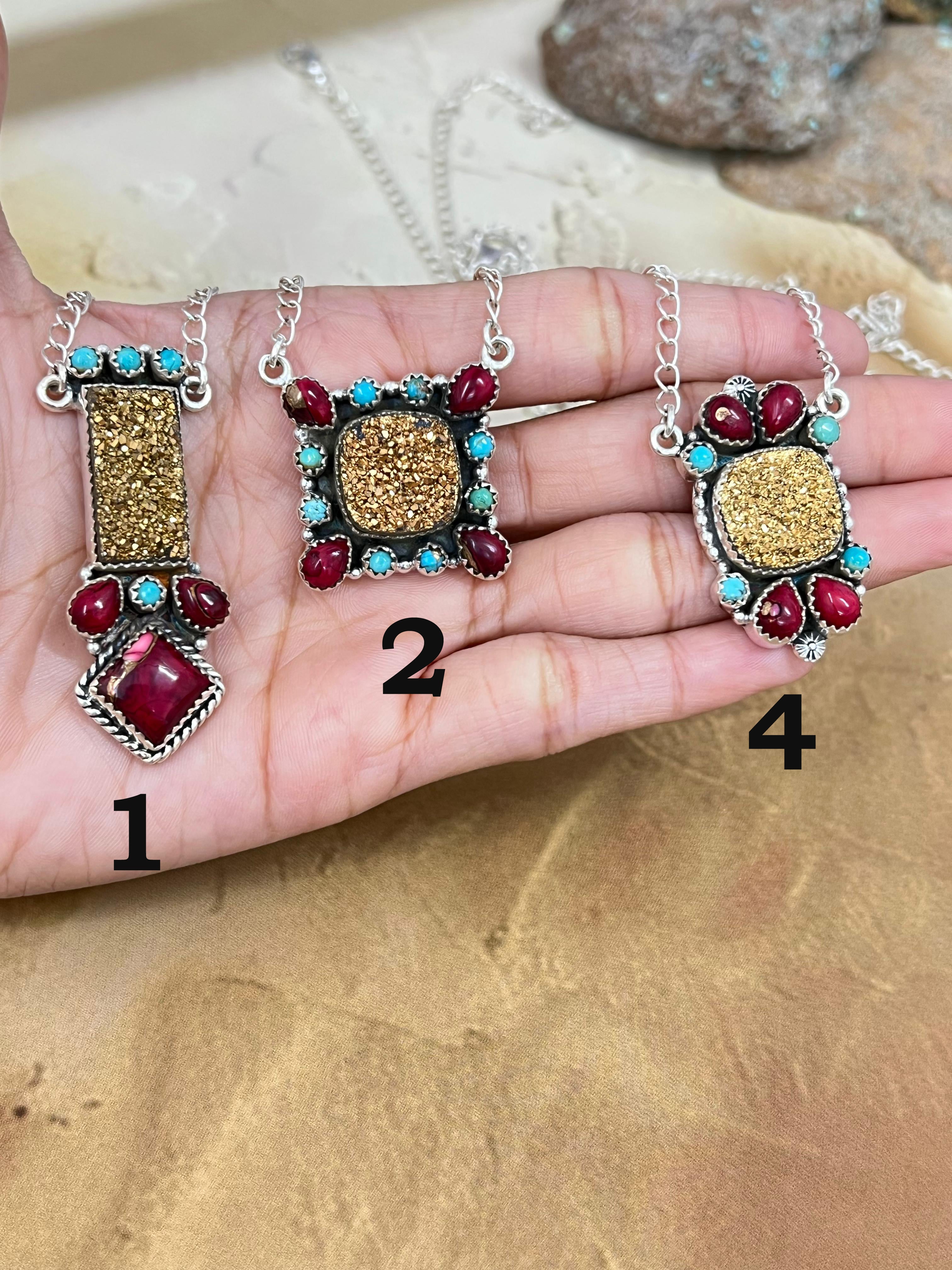 Handmade Sterling Silver Dahlia Rose with Druzy & Kingman Necklace, Signed Nizhoni