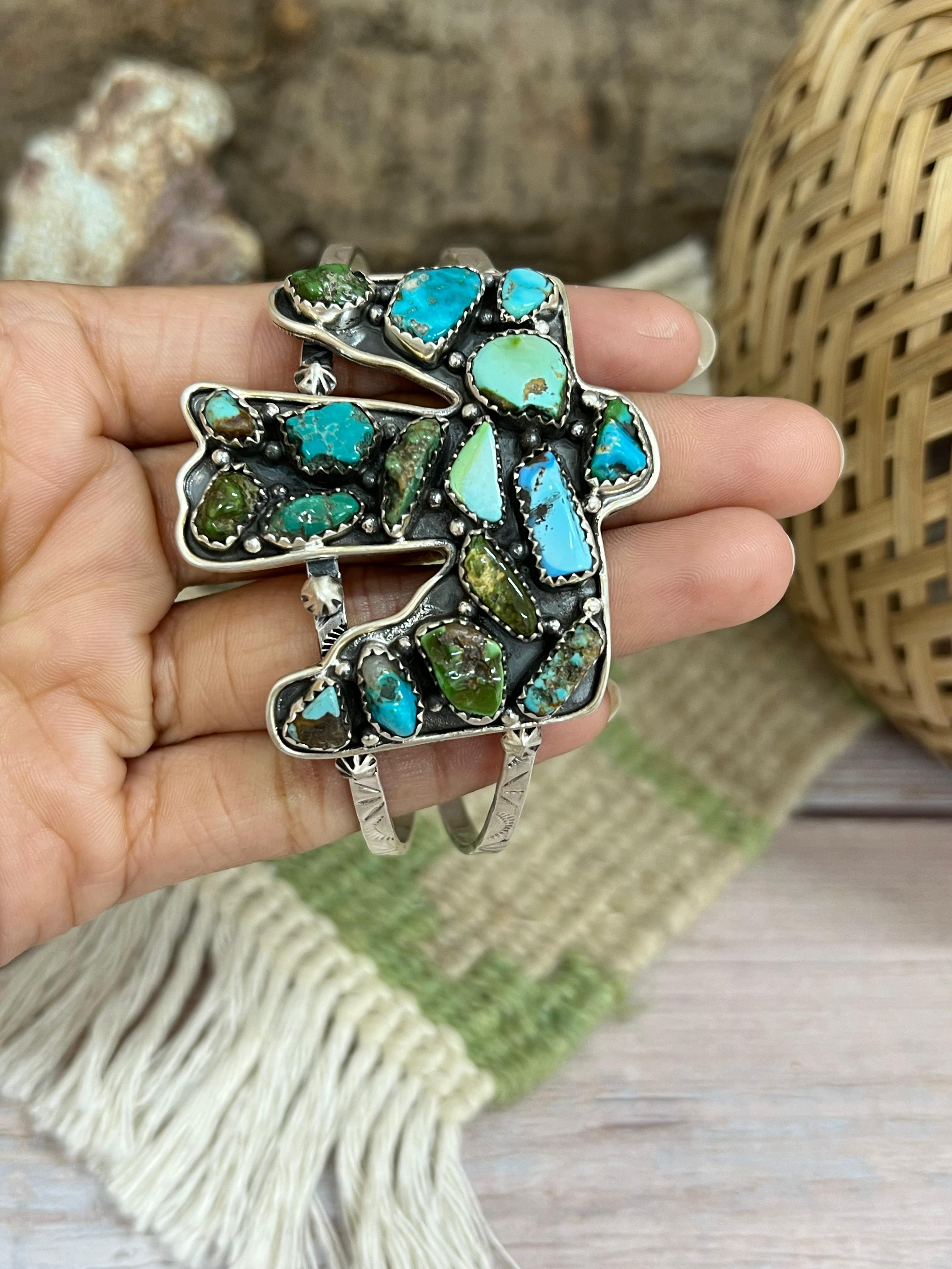 Handmade Sterling Silver Golden Hill, Sonoran Mountain Turquoise Thunder Bird Bracelet with Signed Nizhoni /