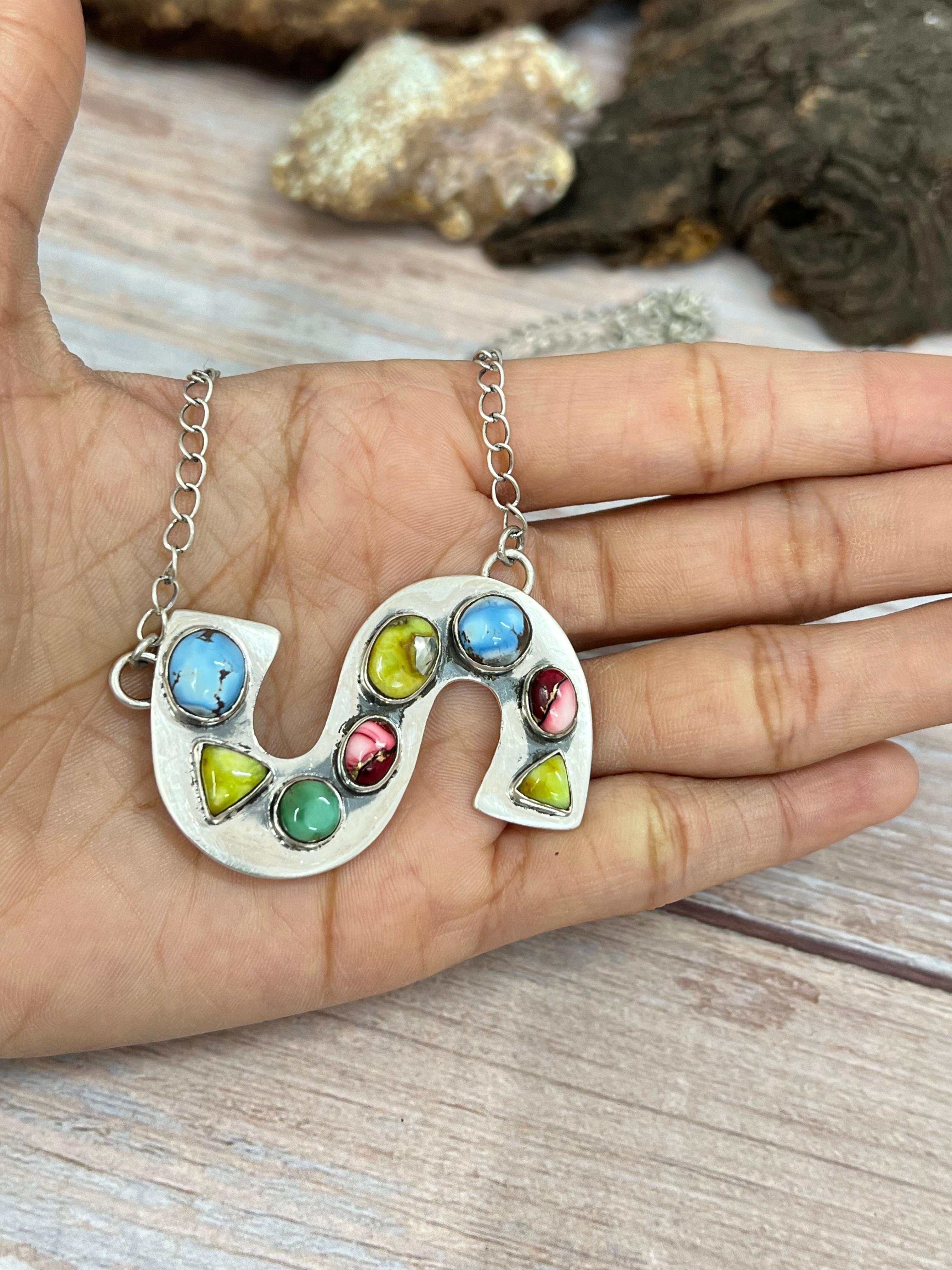 Handmade Sterling Silver Mix Multi Stone (S) Letter Necklace with Signed Nizhoni