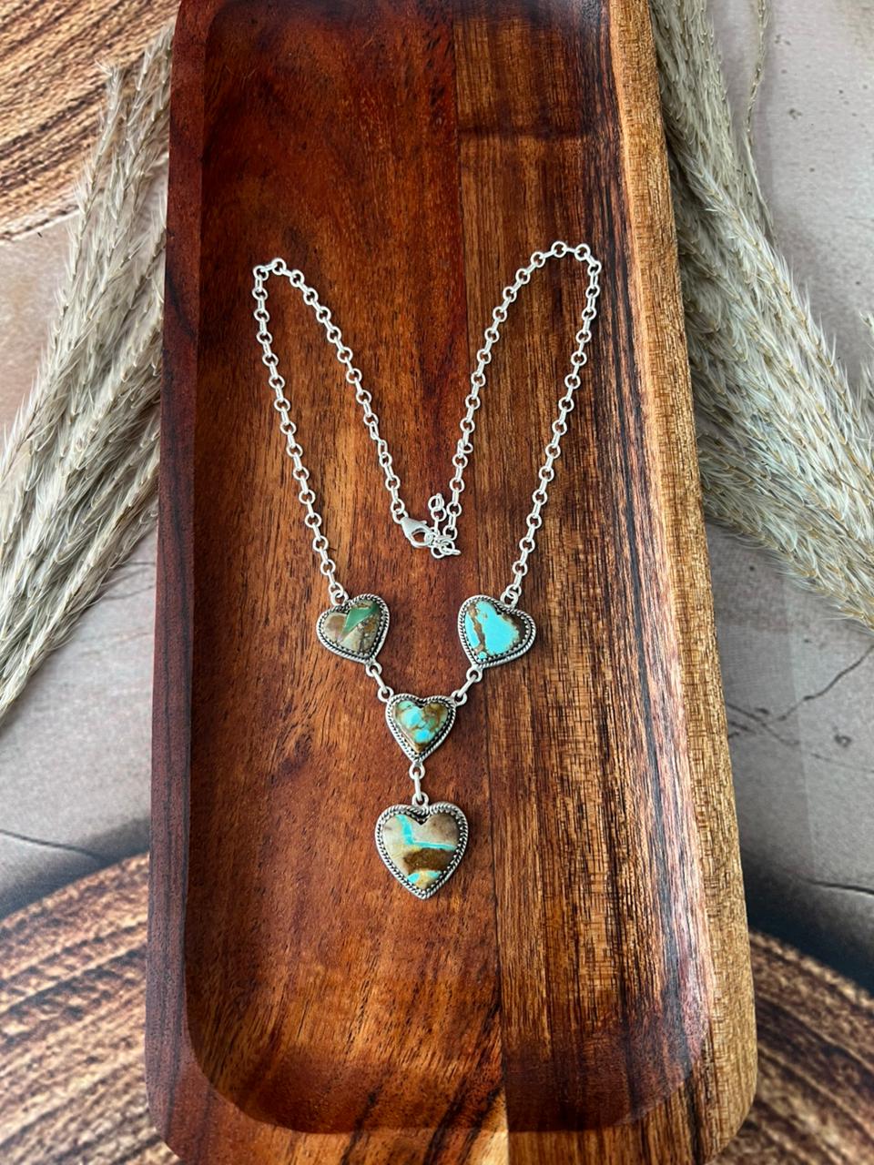 Handmade Sterling Silver Royston Ribbon Turquoise Heart Necklace "Signed Nizhoni"