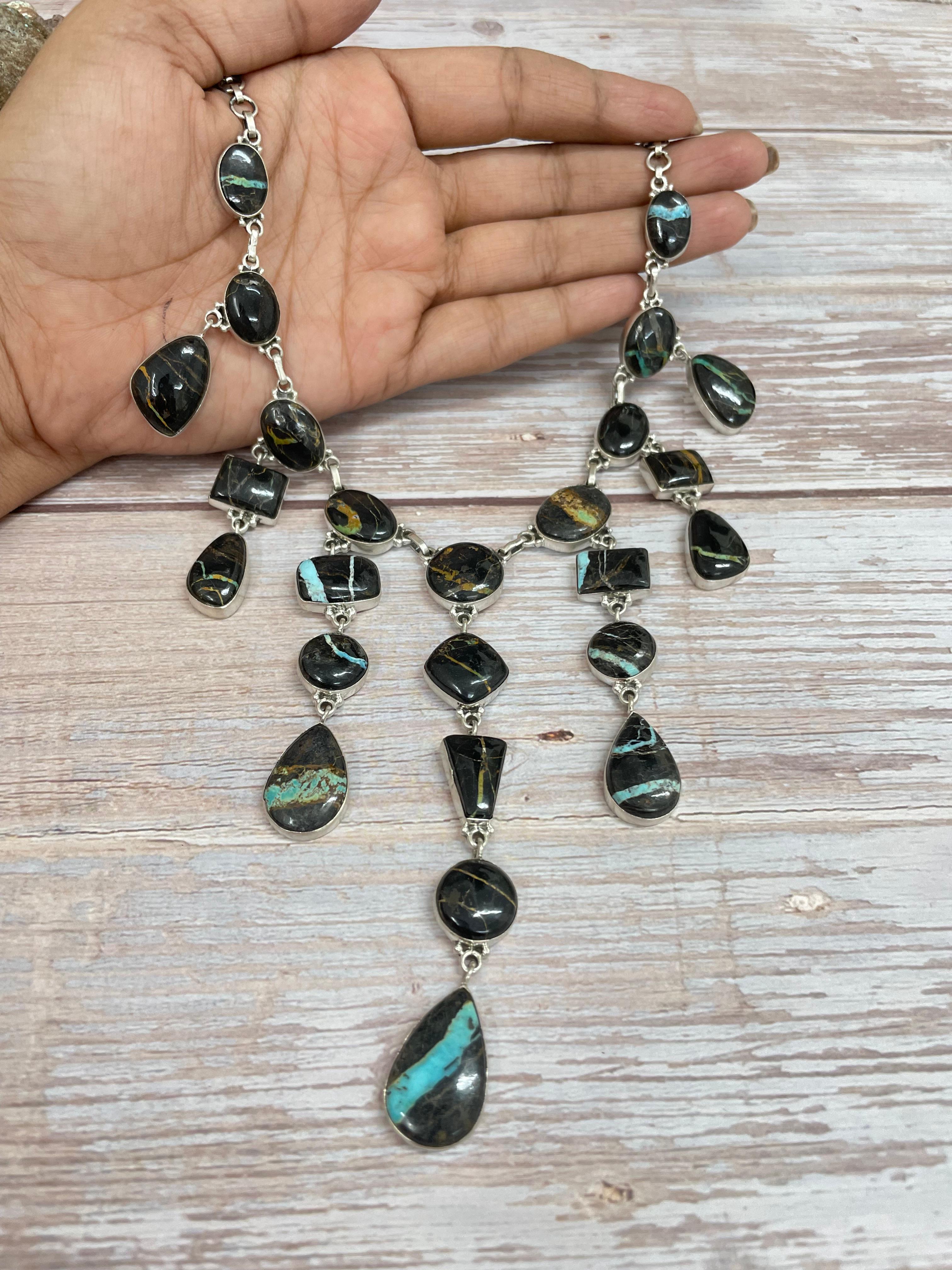 Handmade Sterling Silver Blackjack Turquoise Necklace Signed Nizhoni