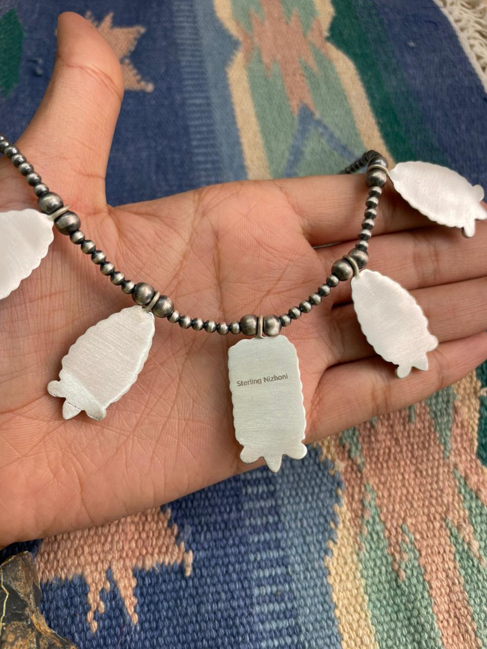 Handmade Sterling Silver Beaded Bumblebee with Kingman, White Buffalo Necklace "Signed Nizhoni"