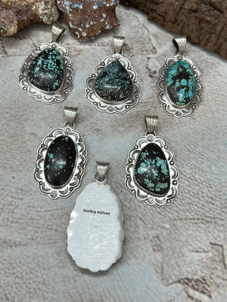 Handmade Sterling Silver Lander Turquoise Pendant with Signed Nizhoni