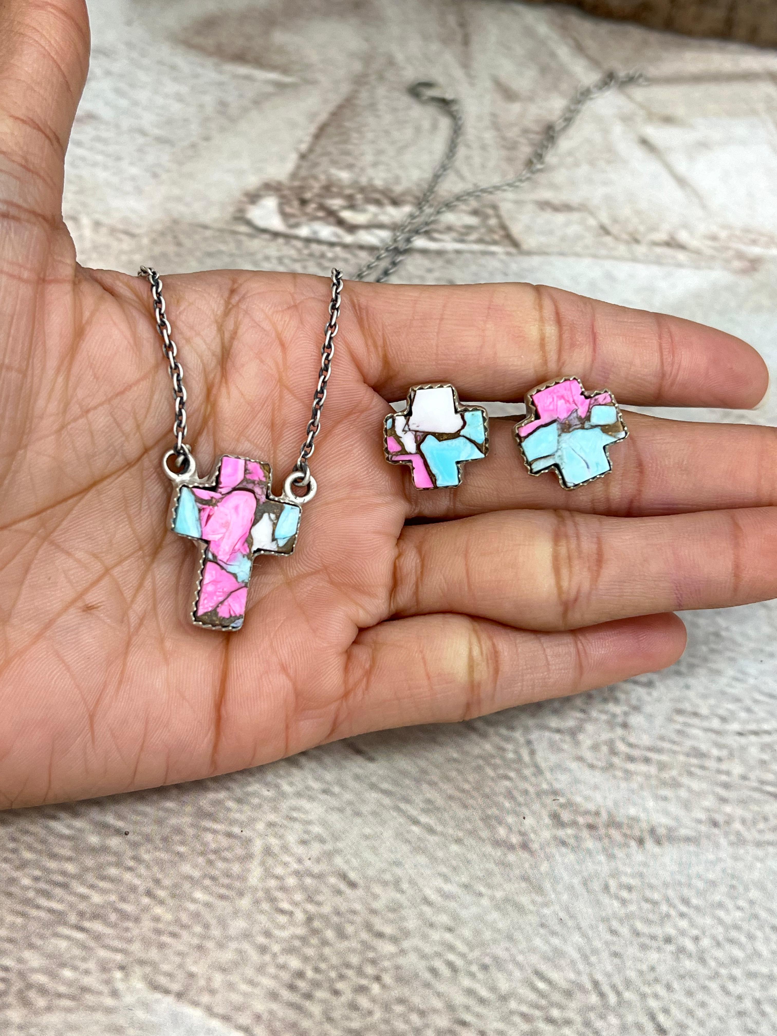 Handmade Sterling Silver Cotton Candy Turquoise Cross Necklace Earrings Set with Signed Nizhoni