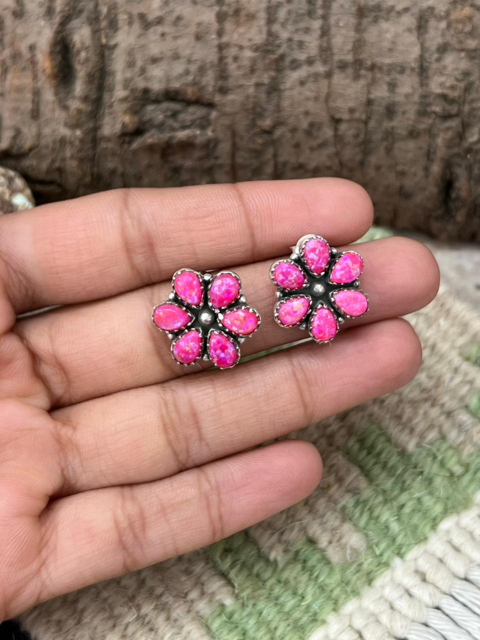 Handmade Sterling Silver Hot Pink Post Studs Earrings "Signed Nizhoni"