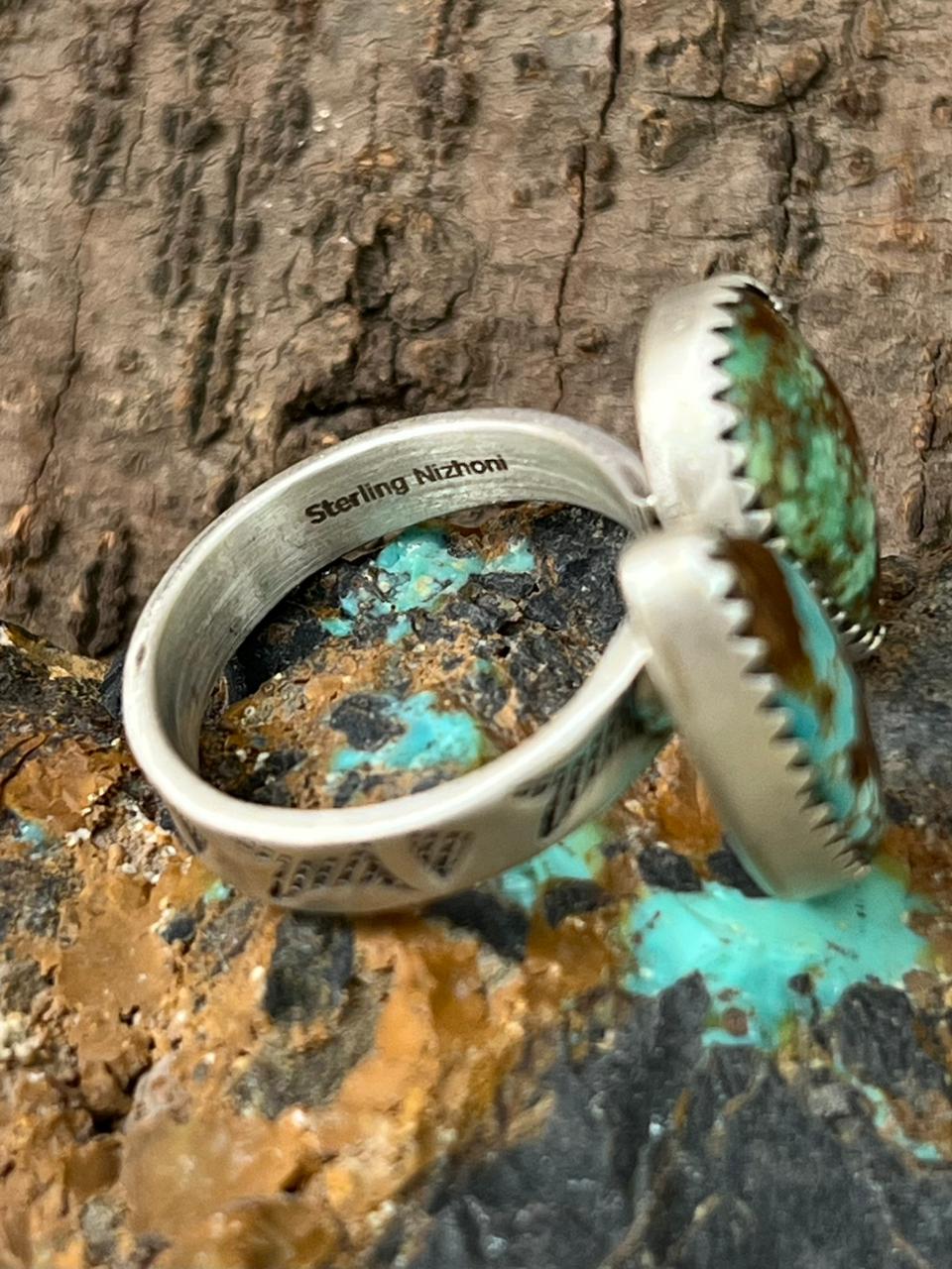 Handmade Sterling Silver Mantis Turquoise Adjustable Ring "Signed Nizhoni" (9)