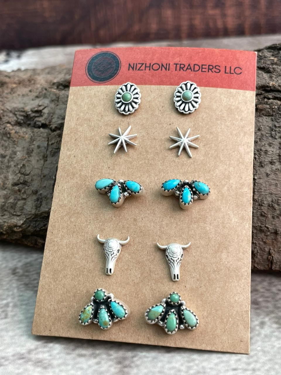 Handmade Sterling Silver Kingman Turquoise Post Studs Cards "Signed Nizhoni"