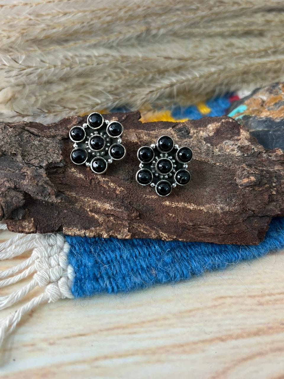 Handmade Sterling Silver Black Onyx Post Studs Earrings "Signed Nizhoni"