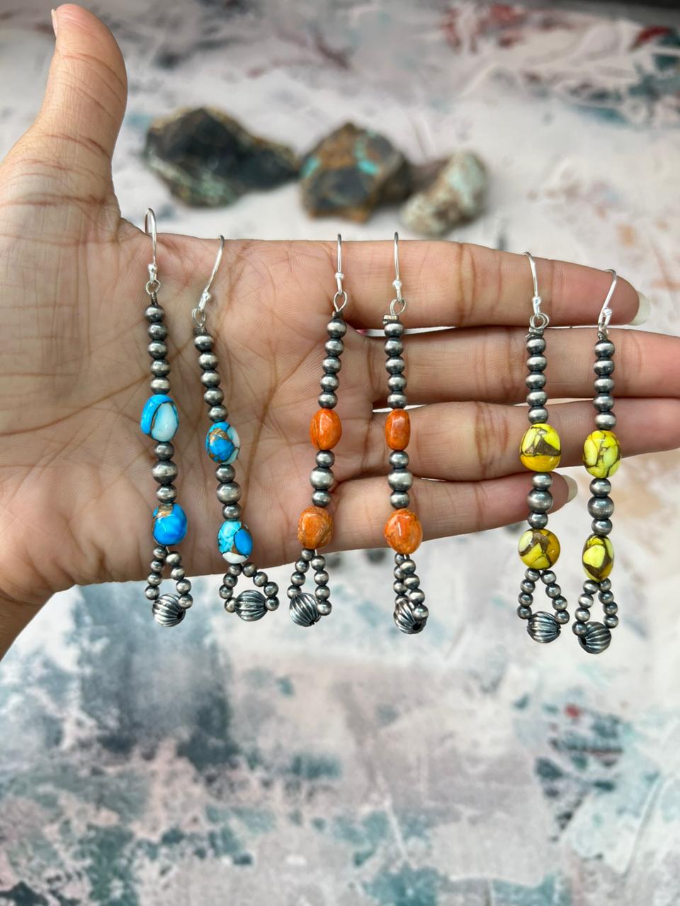 Handmade Sterling Silver Multistone Beaded Dangle Earrings "Signed Nizhoni"
