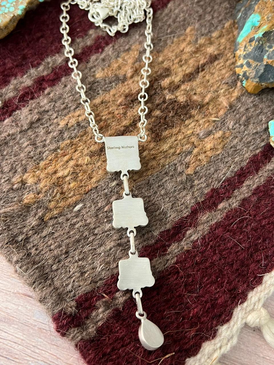 Handmade Sterling Silver Kingman Turquoise Drop Necklace "Signed Nizhoni"