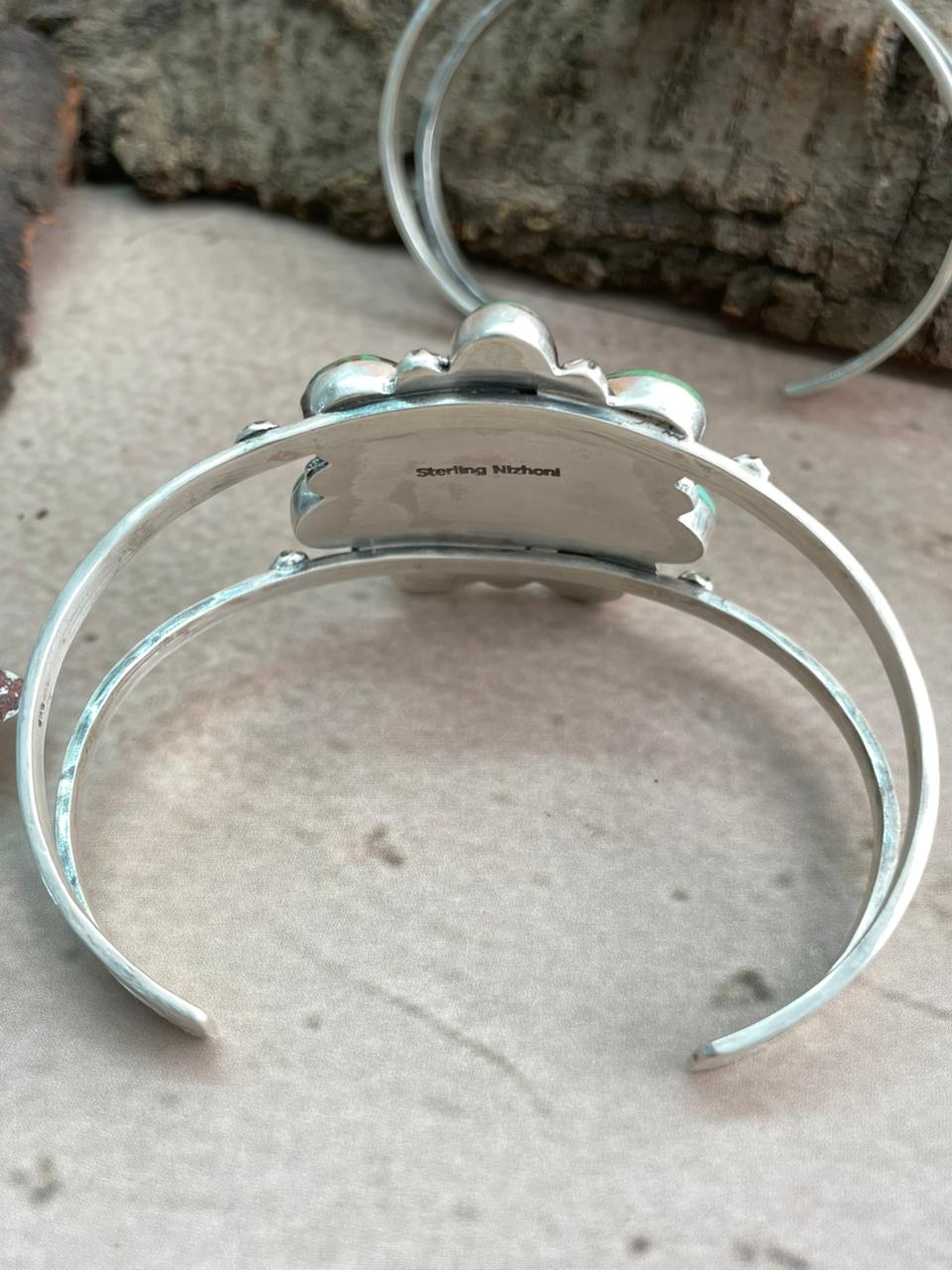 Handmade Sterling Silver Mantis Turquoise Cuff Bracelet with Signed Nizhoni