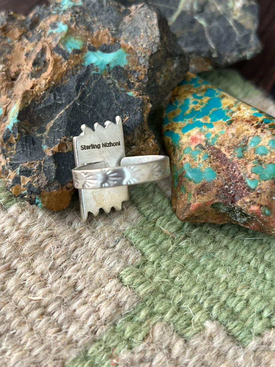Handmade Sterling Silver Kingman Turquoise Adjustable Ring "Signed Nizhoni"