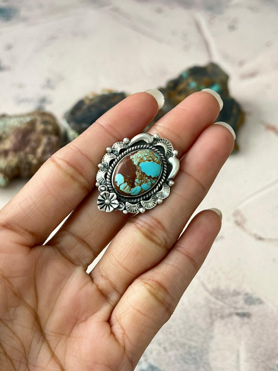 Handmade Sterling Silver Number 8 Turquoise Adjustable Ring "Signed Nizhoni"