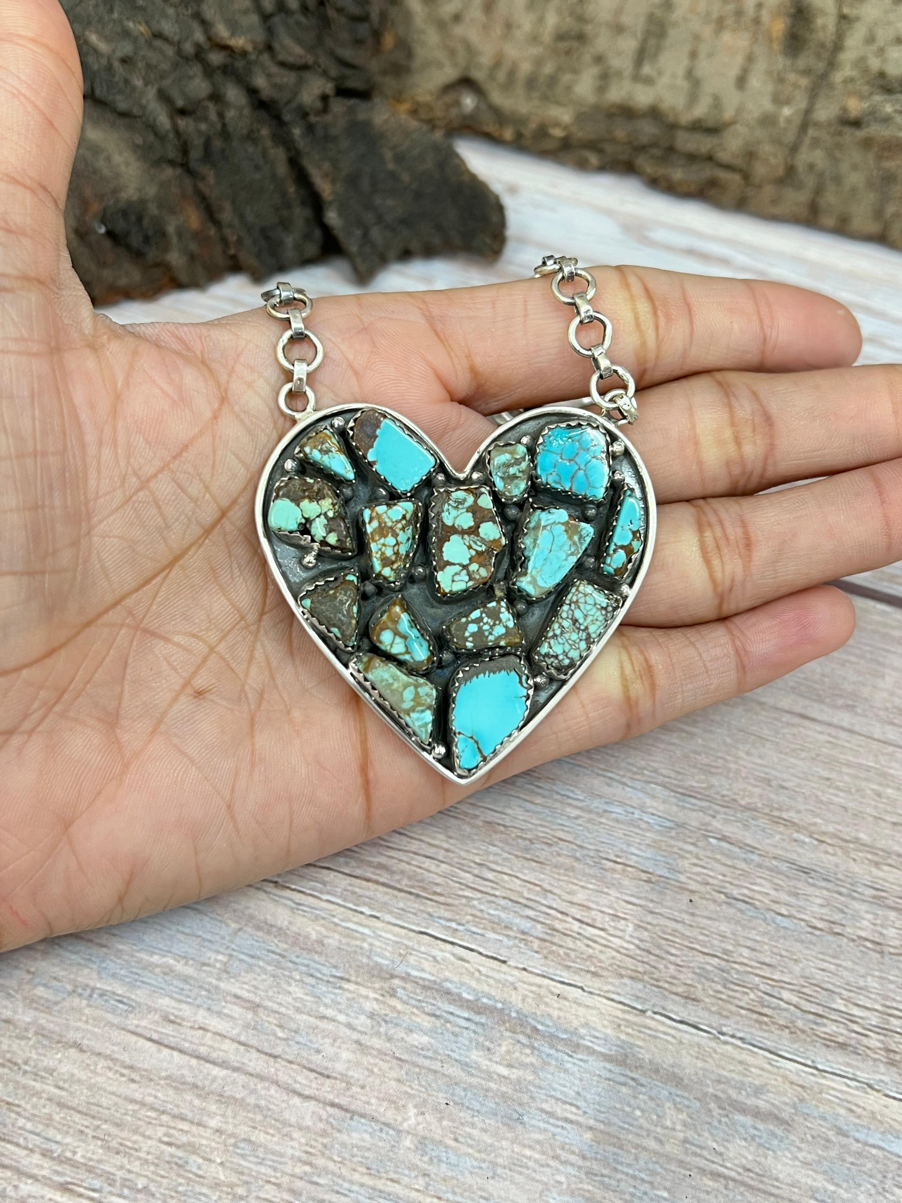 Handmade Sterling Silver Multi Stone Heart Necklace with Signed Nizhoni