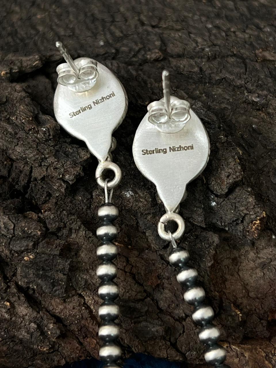 Handmade Sterling Silver Beaded Kingman Turquoise Post Dangle Earrings "Signed Nizhoni"