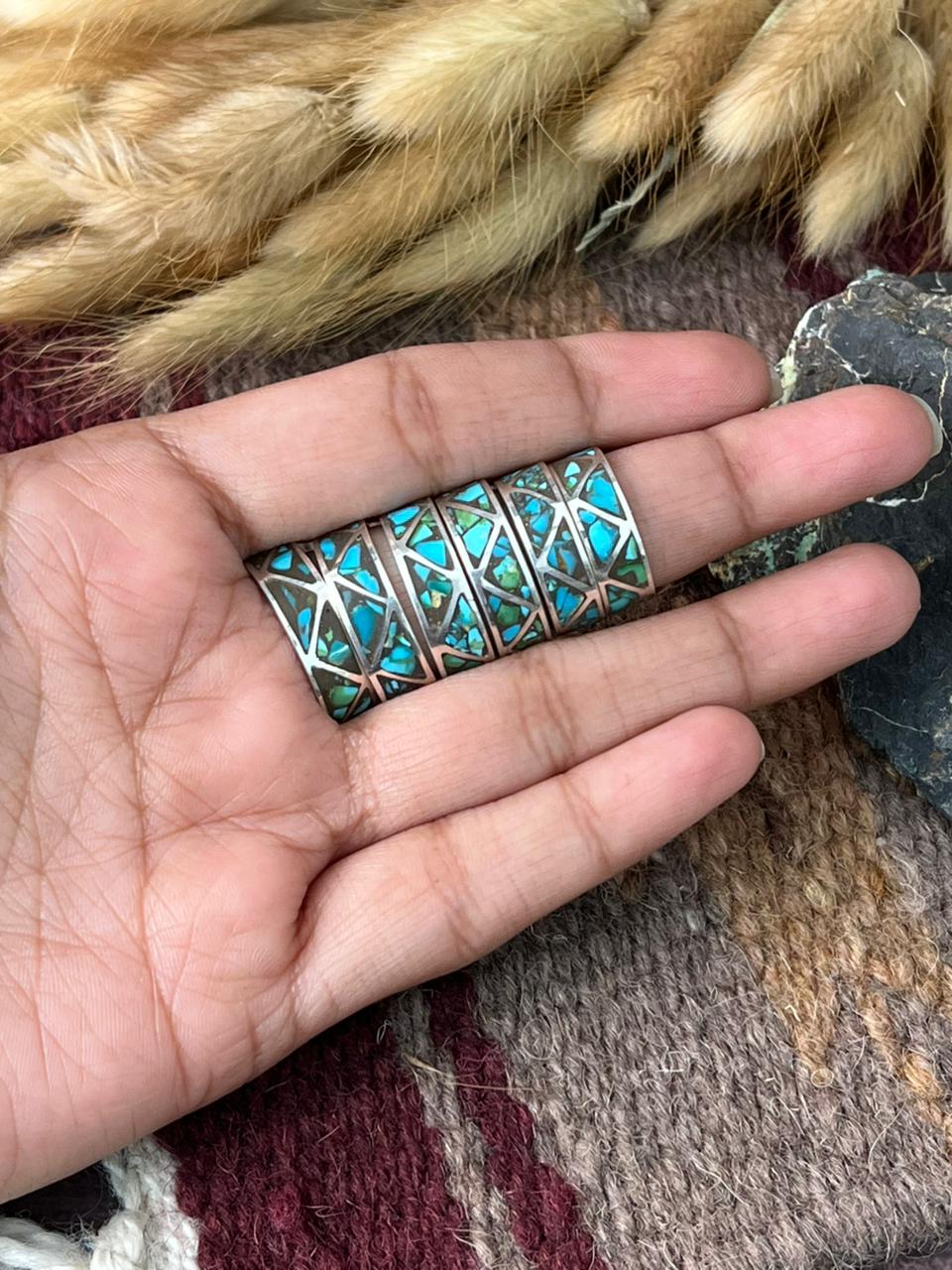 Handmade Sterling Silver Sonoran Mountain Turquoise INLAY BAND Ring "Signed Nizhoni"