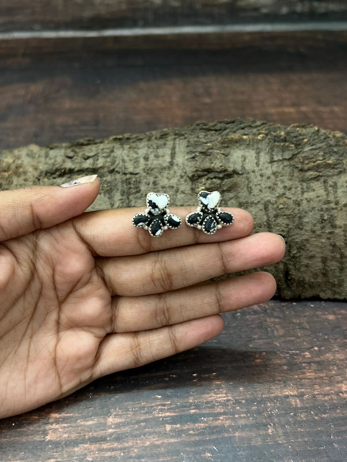 Handmade Sterling Silver White Buffalo Post Studs with Signed Nizhoni (8)