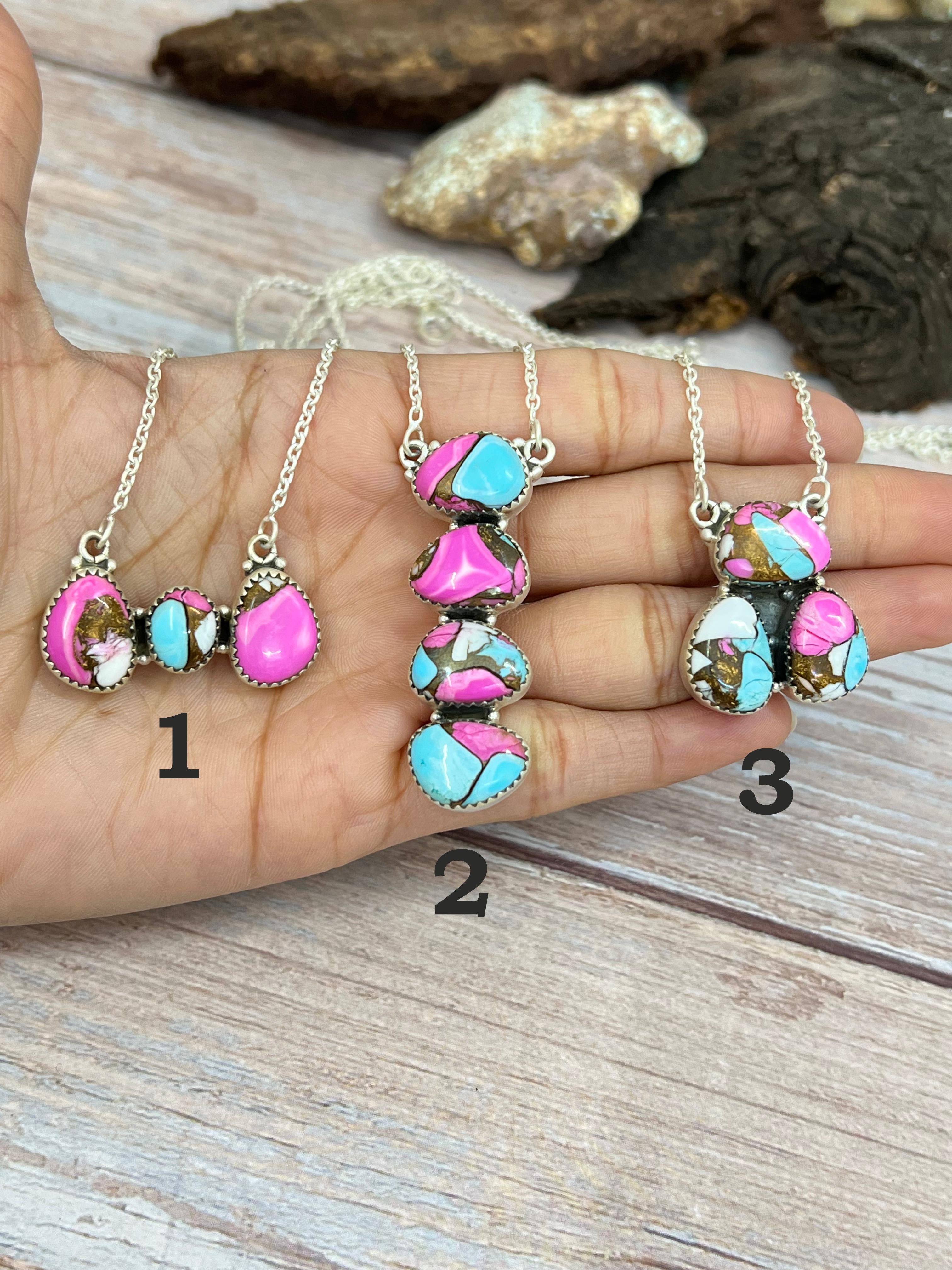 Handmade Sterling Silver Cotton Candy Turquoise Necklace with Signed Nizhoni