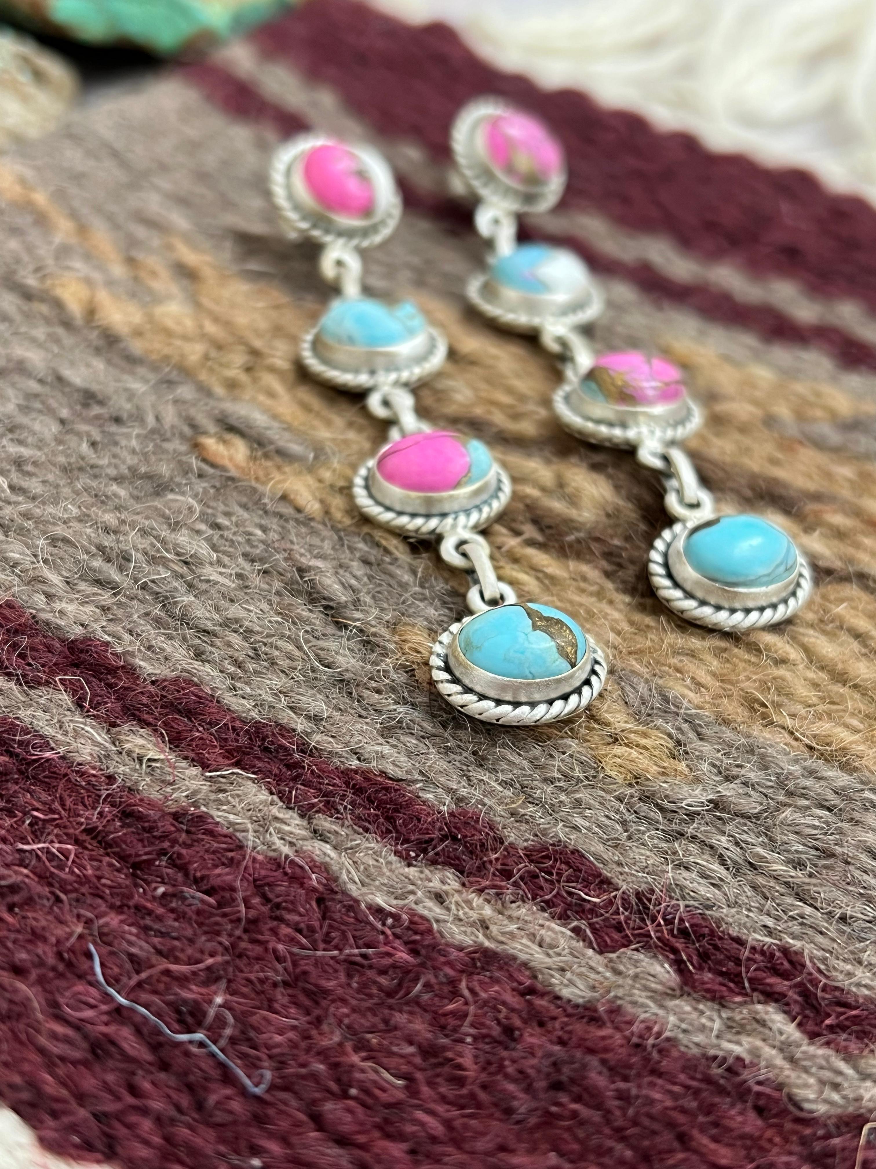 Handmade Sterling Silver Cotton Candy Turquoise Post Dangle Earrings with Signed Nizhoni