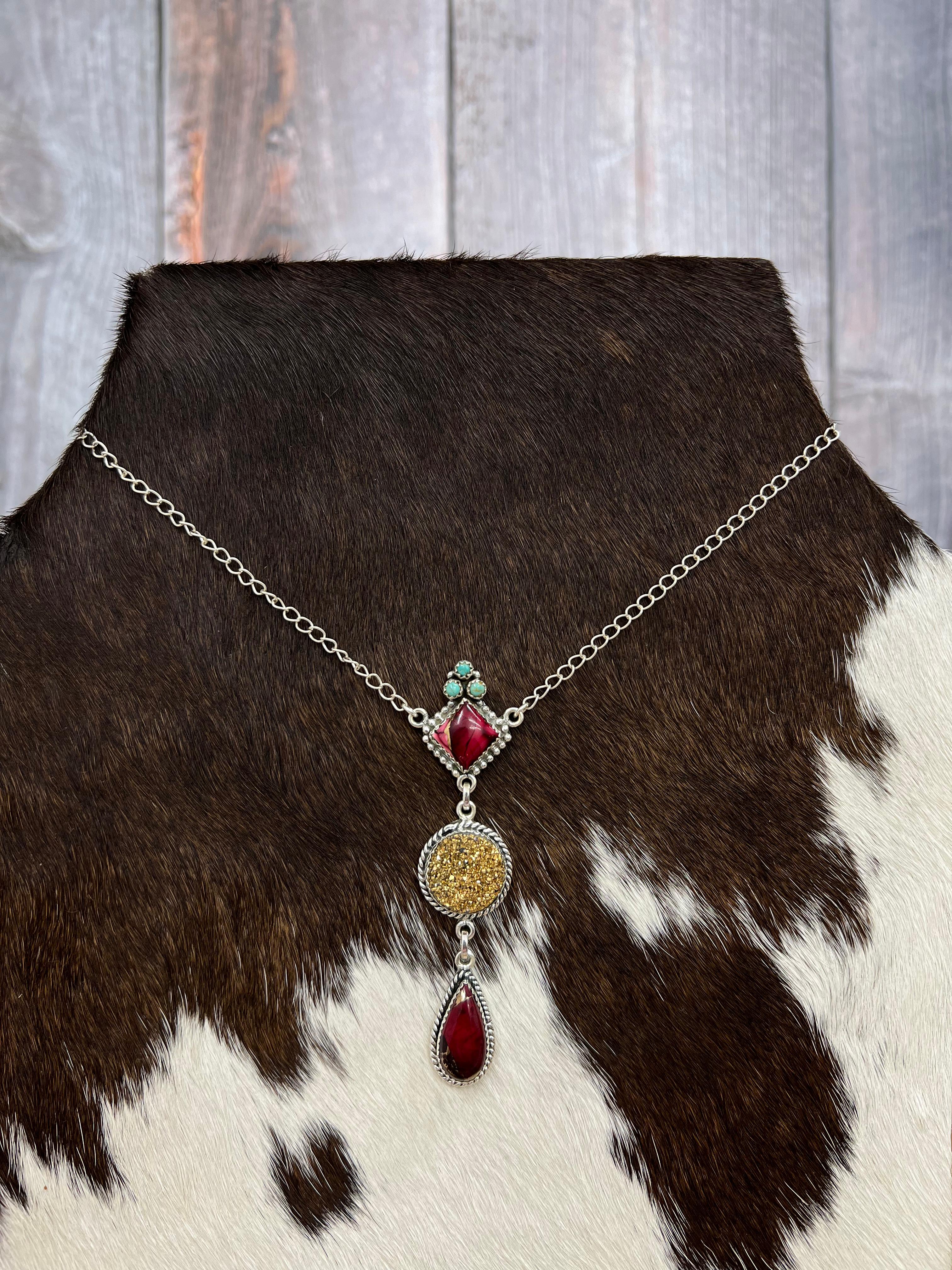 Handmade Sterling Silver Dahlia Rose with Druzy Necklace with Signed Nizhoni