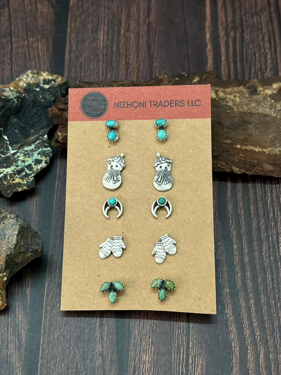 Handmade Sterling Silver Kingman Turquoise Post Studs Earrings Set