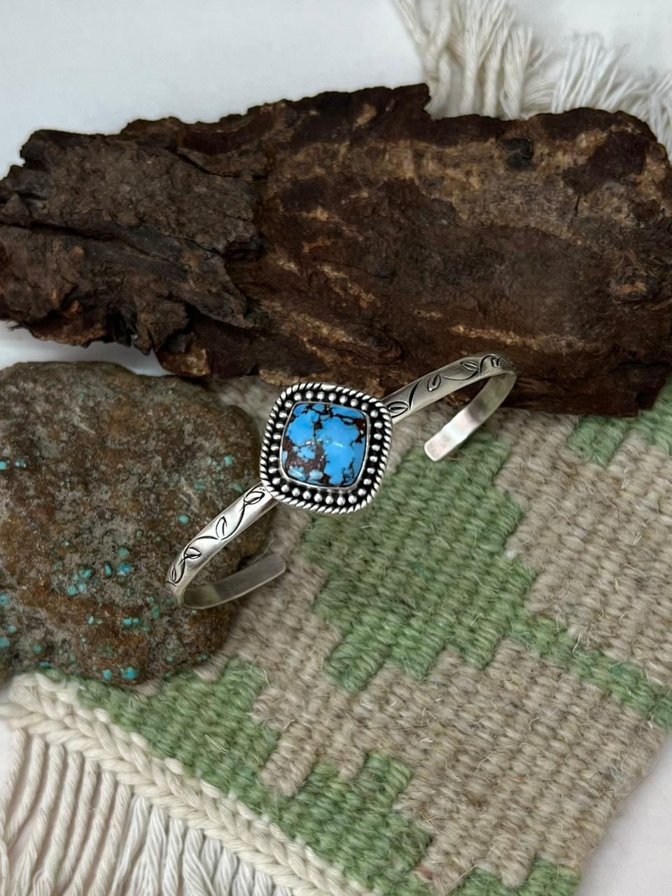 Handmade Sterling Silver Golden Hills Turquoise Cuff Bracelet "Signed Nizhoni"