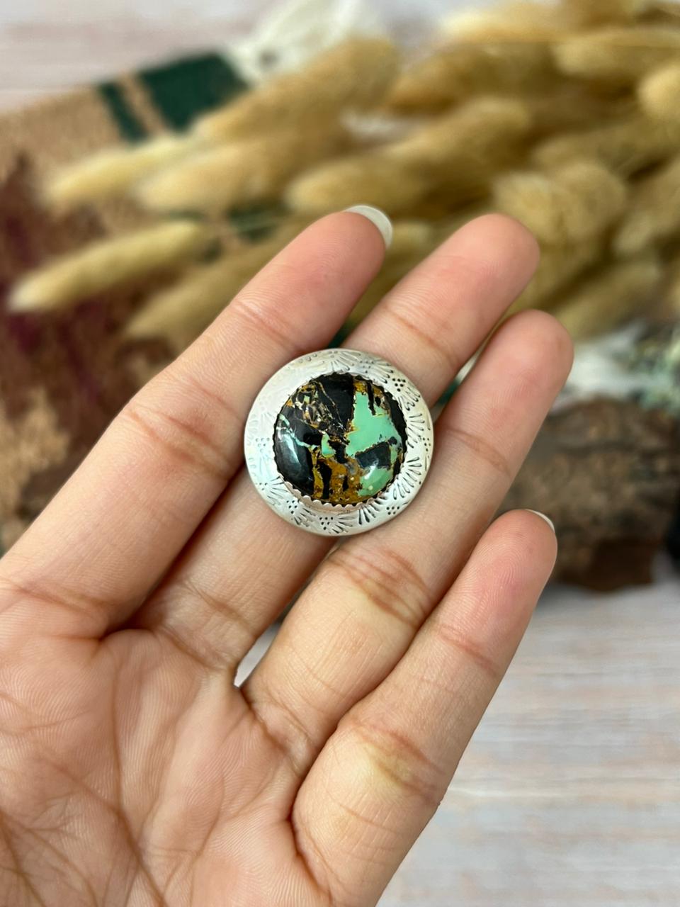 Handmade Sterling Silver Blackjack Turquoise Adjustable Ring "Signed Nizhoni"