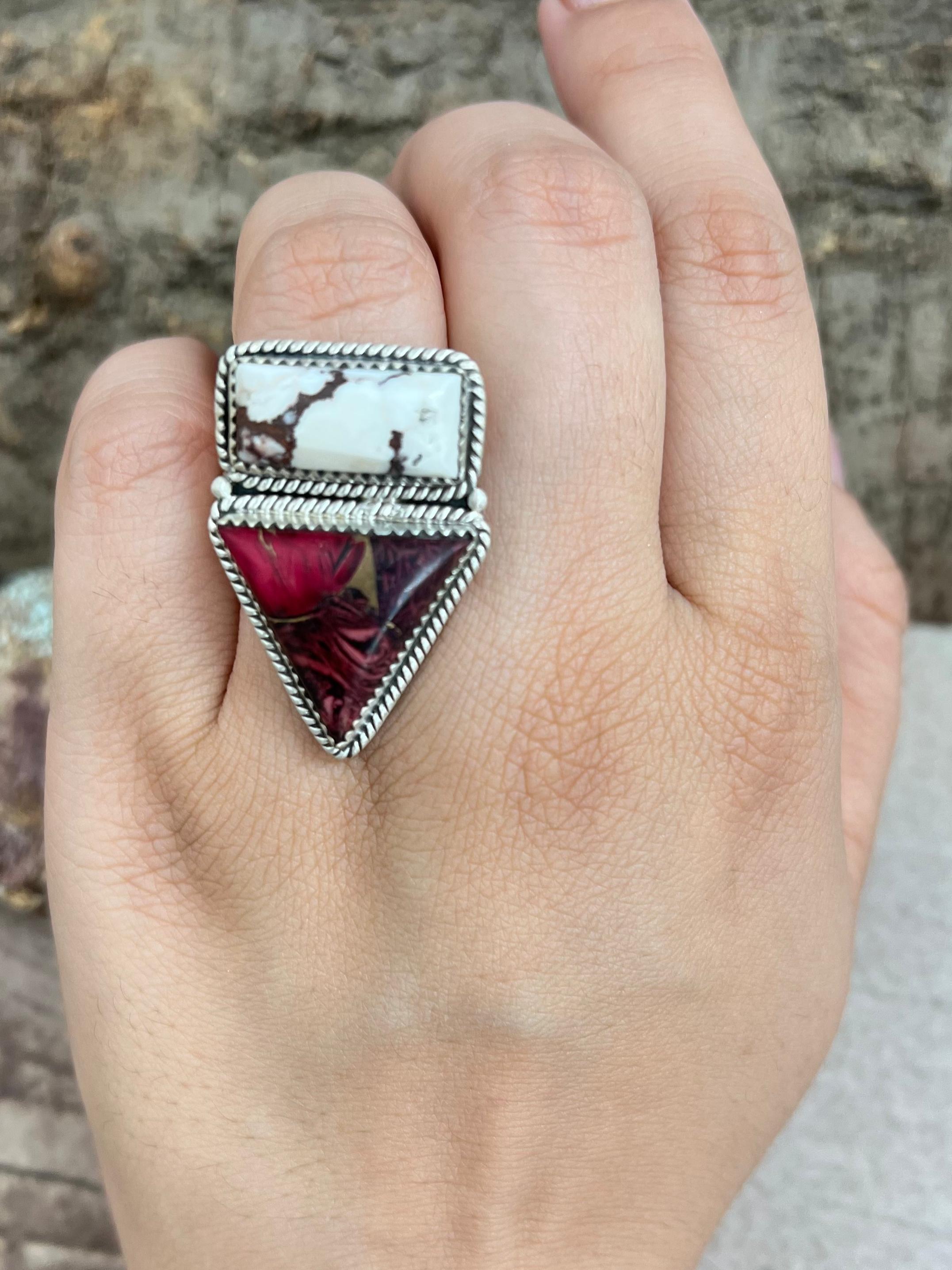 Handmade Sterling Silver Wild Horse with Dahlia Rose Adjustable Ring with Signed Nizhoni