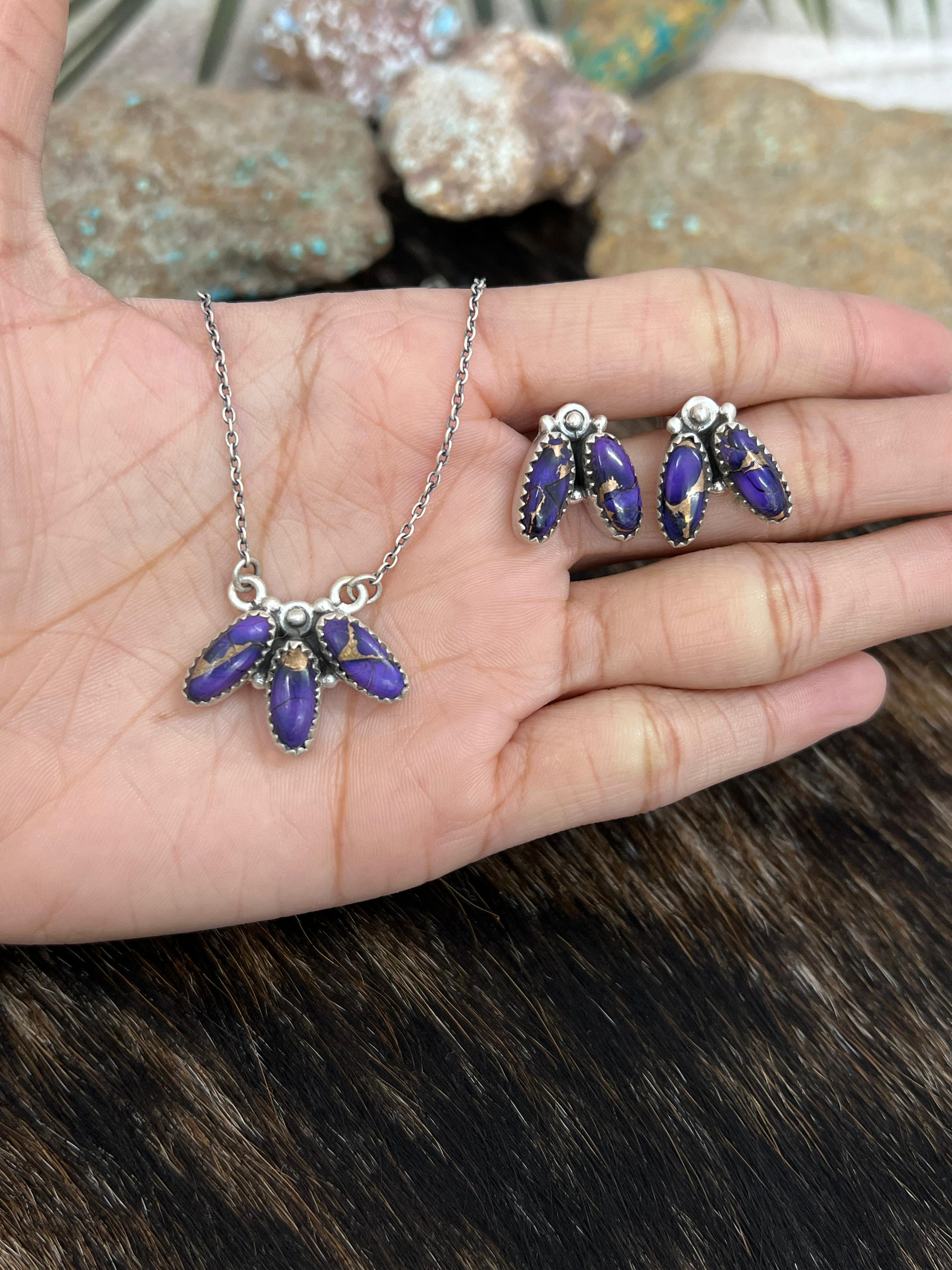Handmade Sterling Silver Grape Dahlia Necklace Earrings Set, Signed Nizhoni