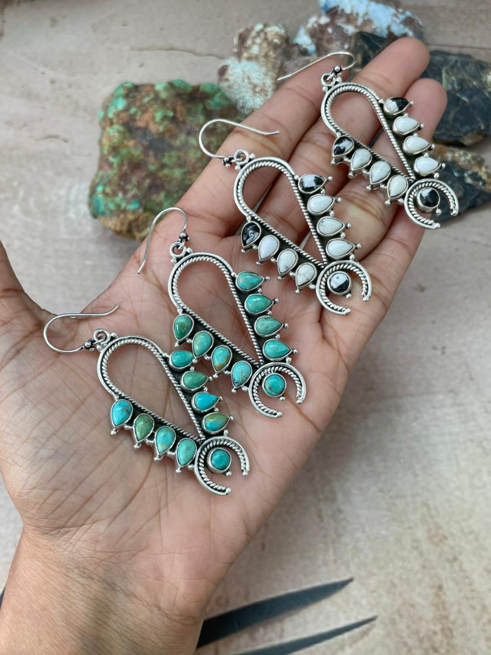 Handmade Sterling Silver Kingman, White Buffalo Hook Dangle Earrings "Signed Nizhoni" (4)