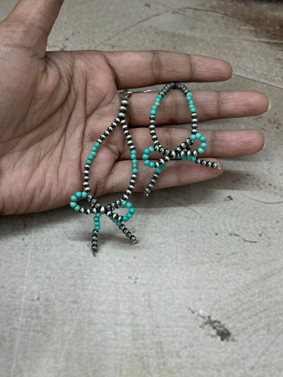 Handmade Sterling Silver Beaded Kingman Turquoise Hook Dangle Bow Earrings