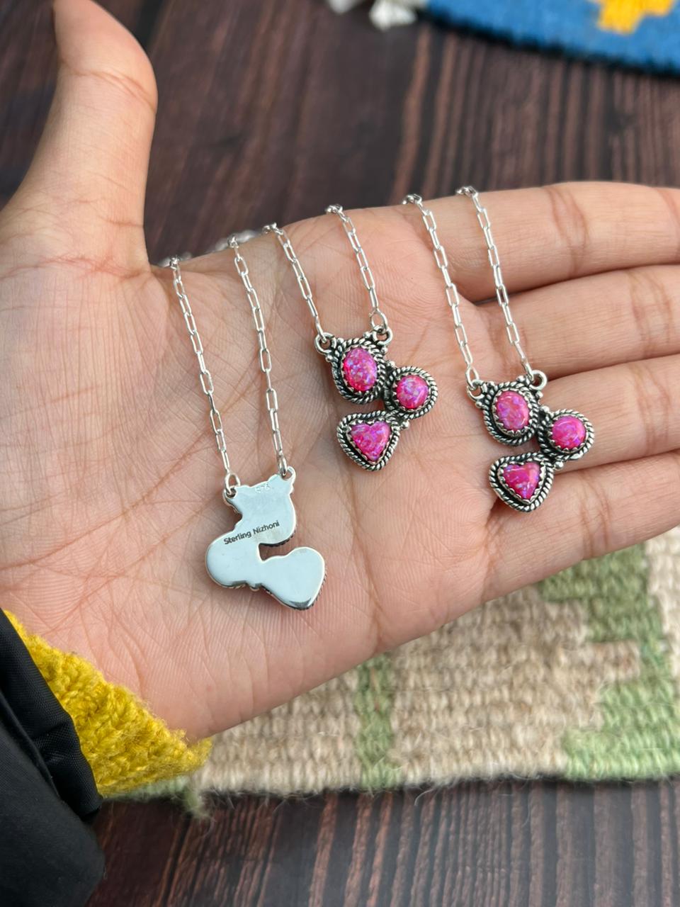 "Heart Collection" Handmade Sterling Silver Hot Pink Necklace "Signed Nizhoni"