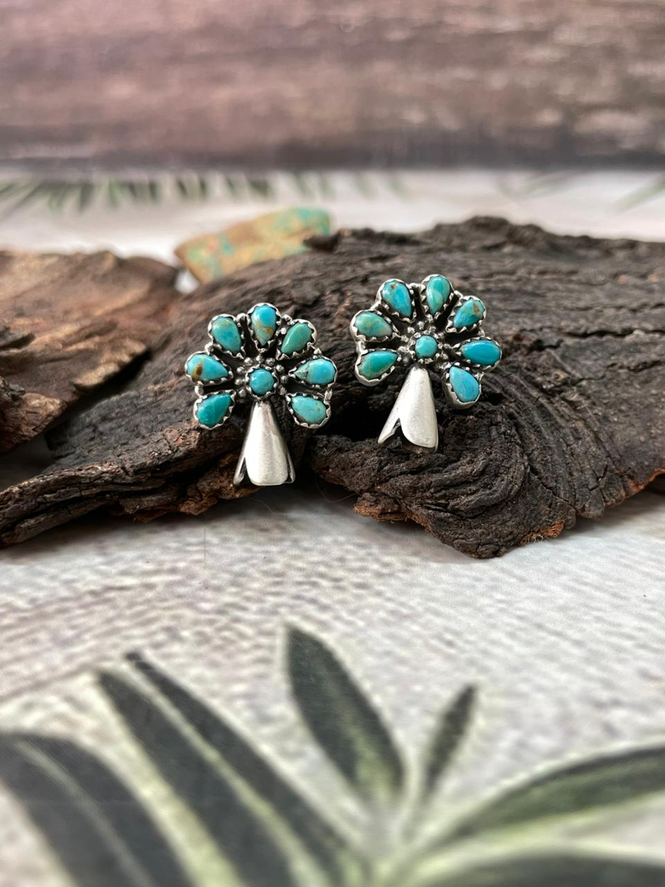 Handmade Sterling Silver Kingman Turquoise Studs Post Earrings "Signed Nizhoni"