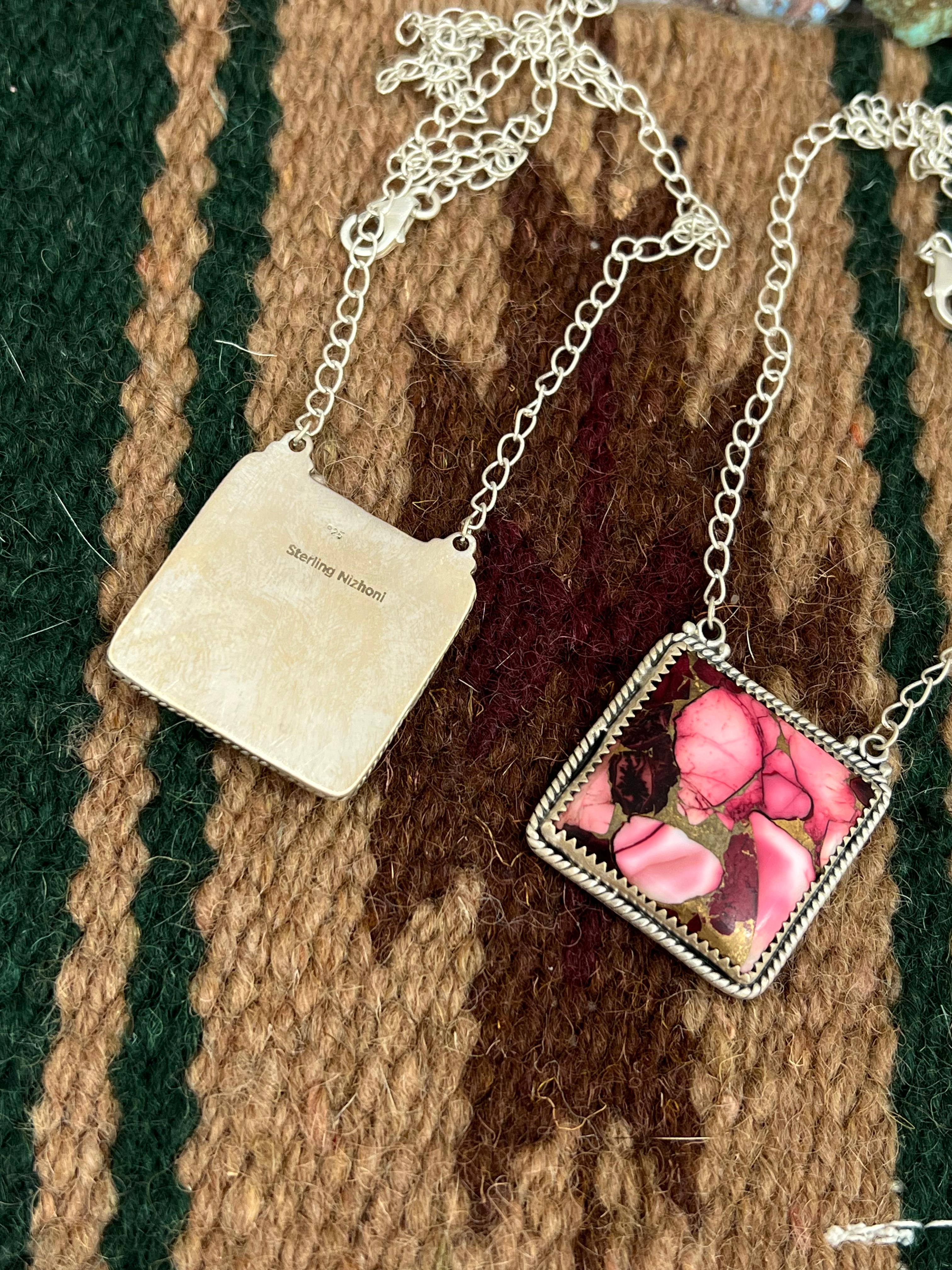 Handmade Sterling Silver Dahlia Rose, Cotton Candy Turquoise Necklace with Signed Nizhoni