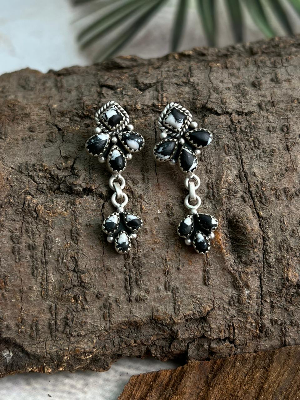 Handmade Sterling Silver White Buffalo Post Dangle Earrings "Signed Nizhoni"