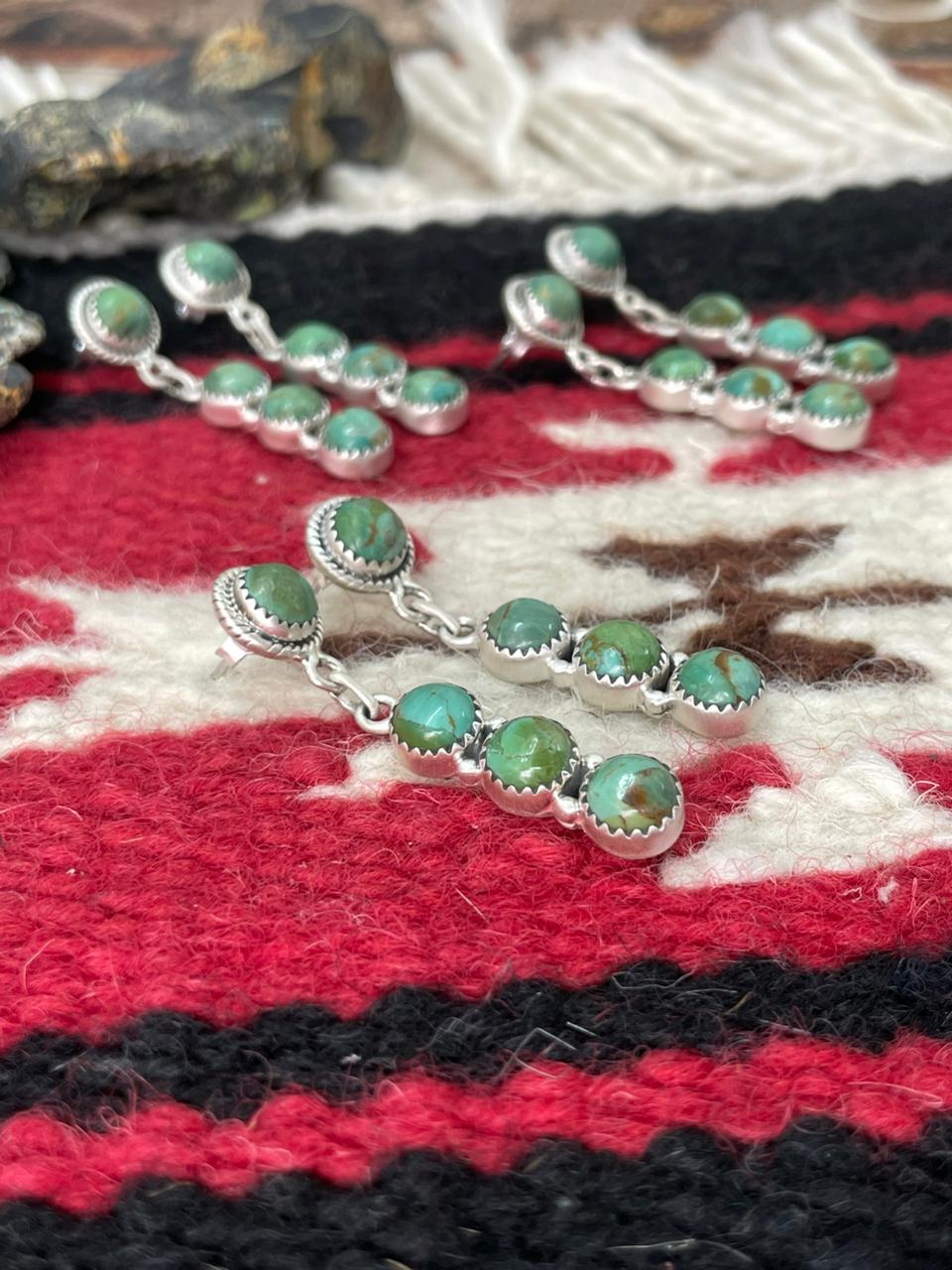 Handmade Sterling Silver Kingman Turquoise Post Dangle Earrings "Signed Nizhoni"