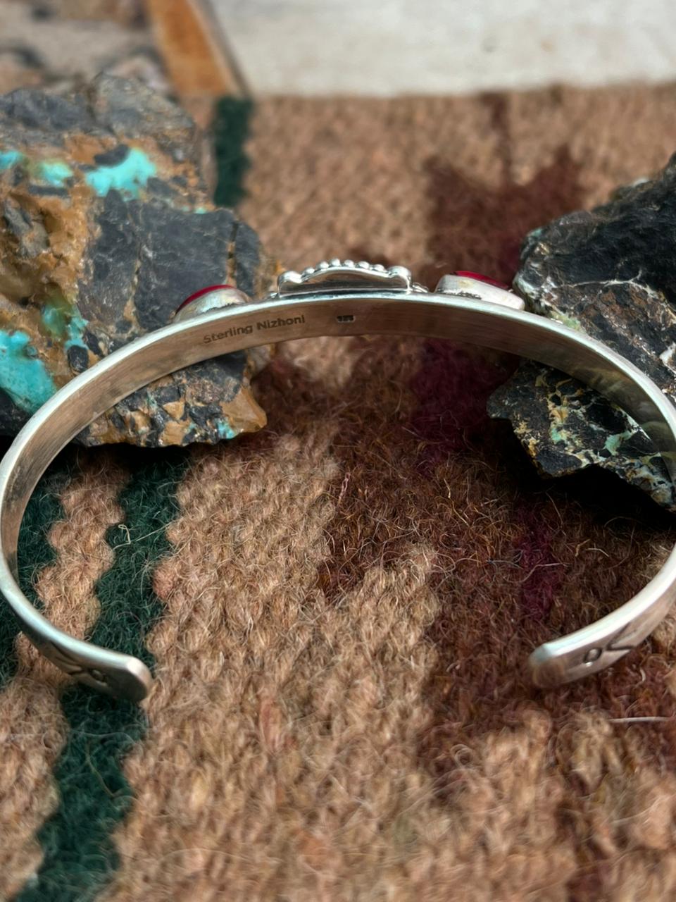 Handmade Sterling Silver Dahlia Rose with Emerald Valley Turquoise Cuff Bracelet "Signed Nizhoni"