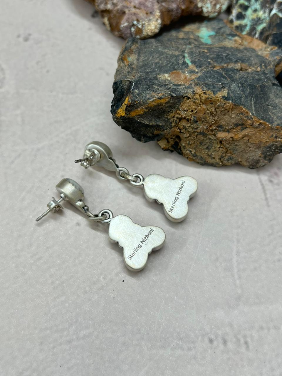 Handmade Sterling Silver White Buffalo Post Dangle Earrings "Signed Nizhoni"