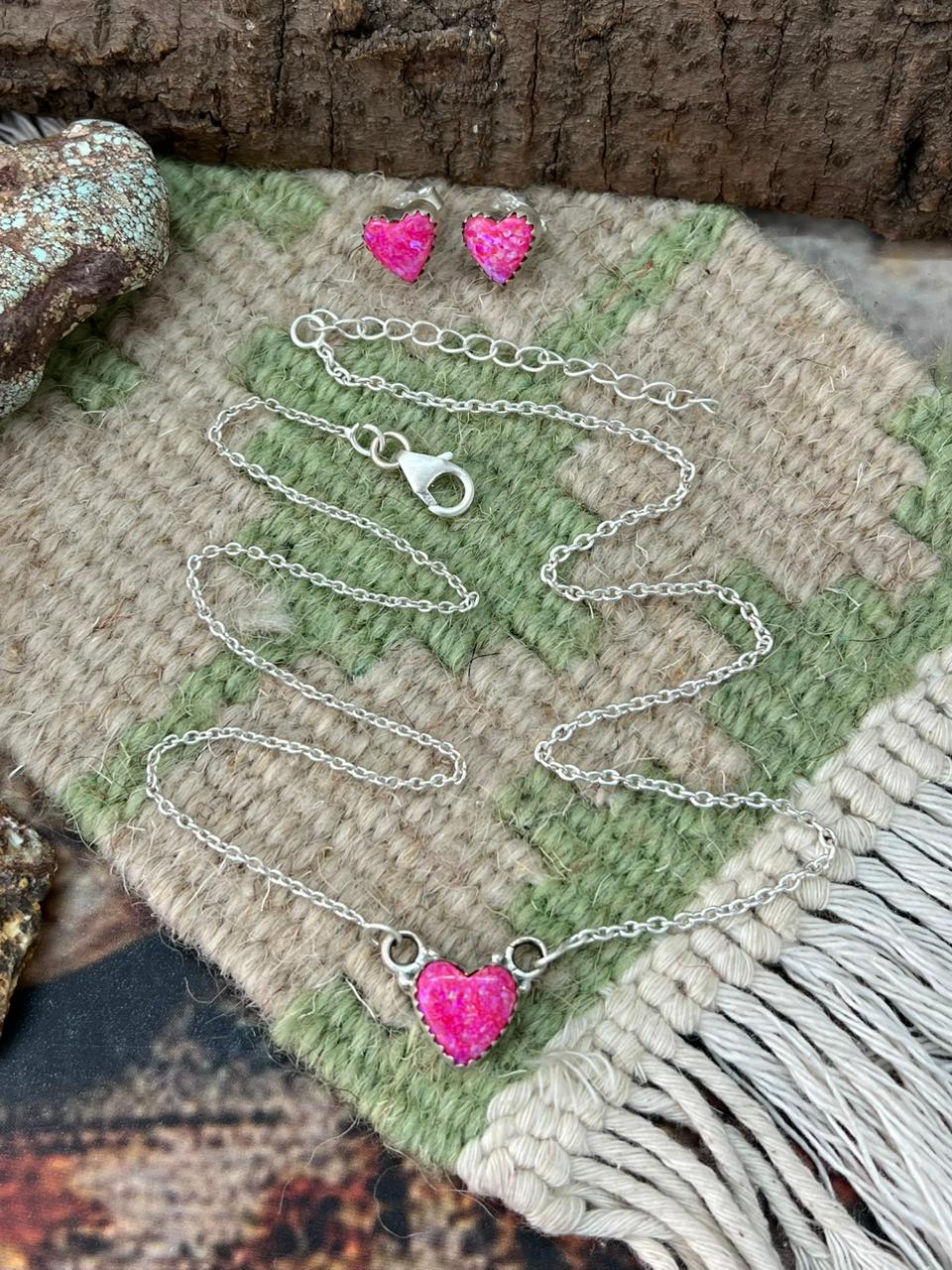Handmade Sterling Silver Hot Pink Heart Necklace Earrings Set "Signed Nizhoni"