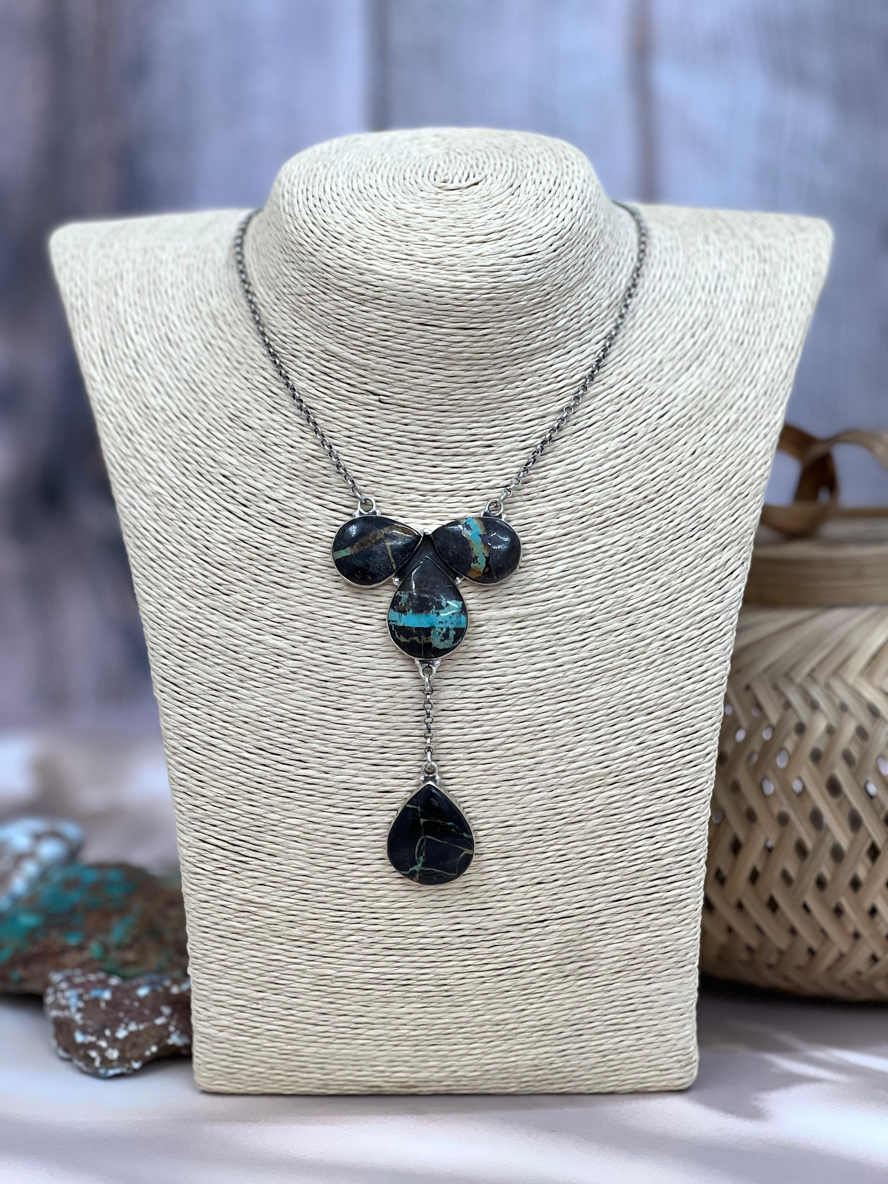 Handmade Sterling Silver Blackjack Turquoise Necklace Signed Nizhoni