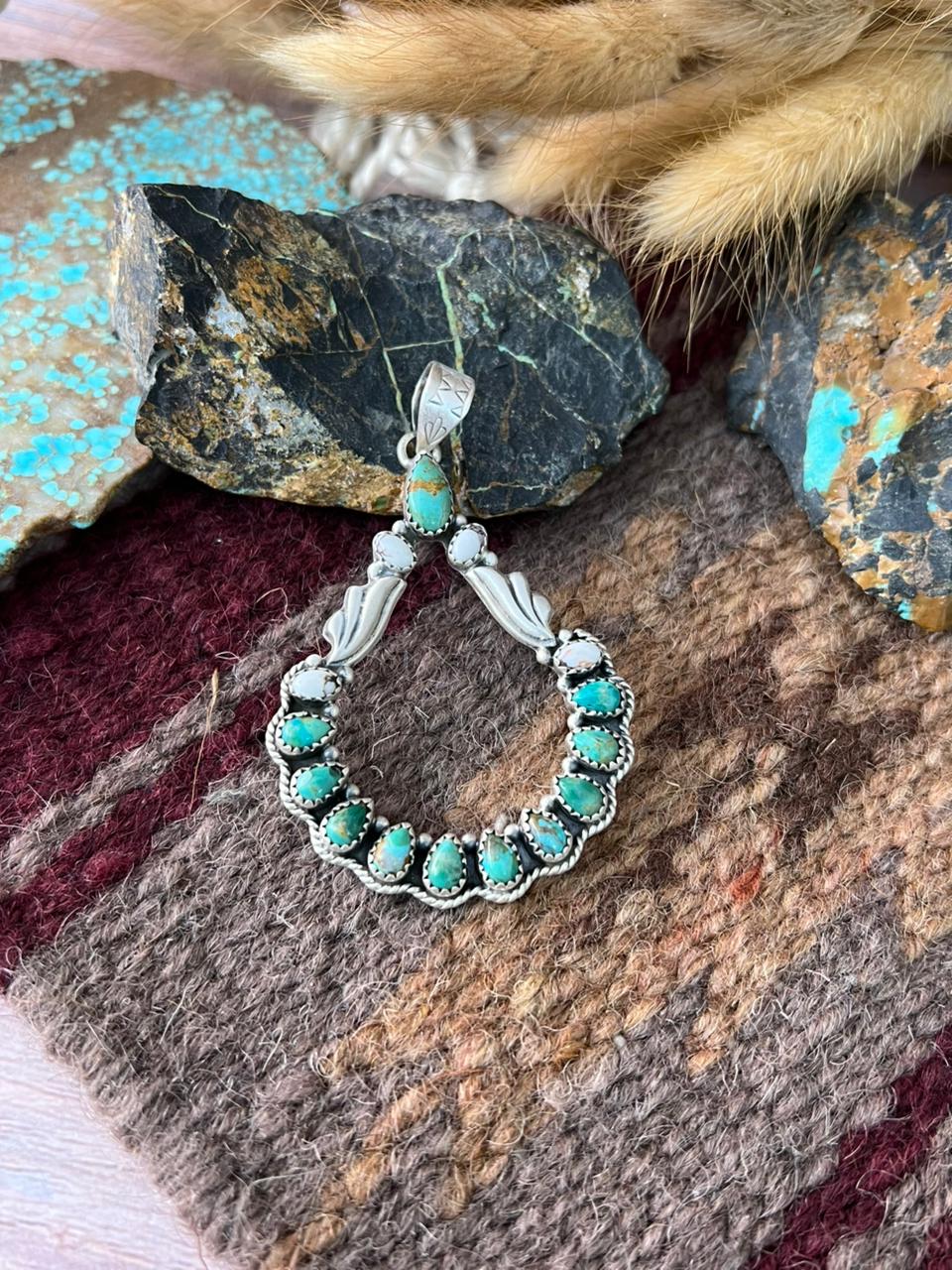 Handmade Sterling Silver Kingman Turquoise with Wildhorse Magnesite Pendant "Signed Nizhoni"