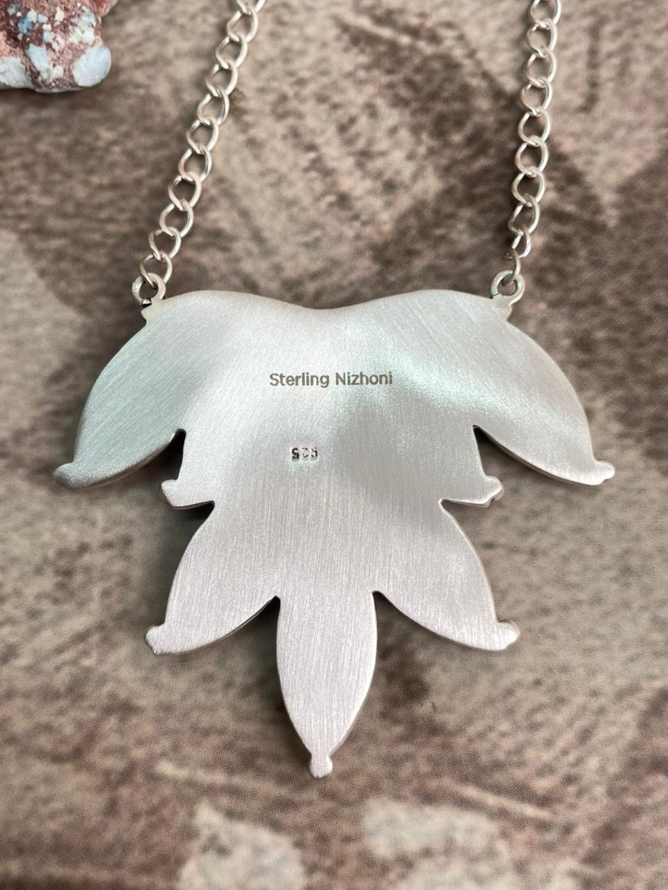 Handmade Sterling Silver Kingman Turquoise Necklace with Signed Nizhoni