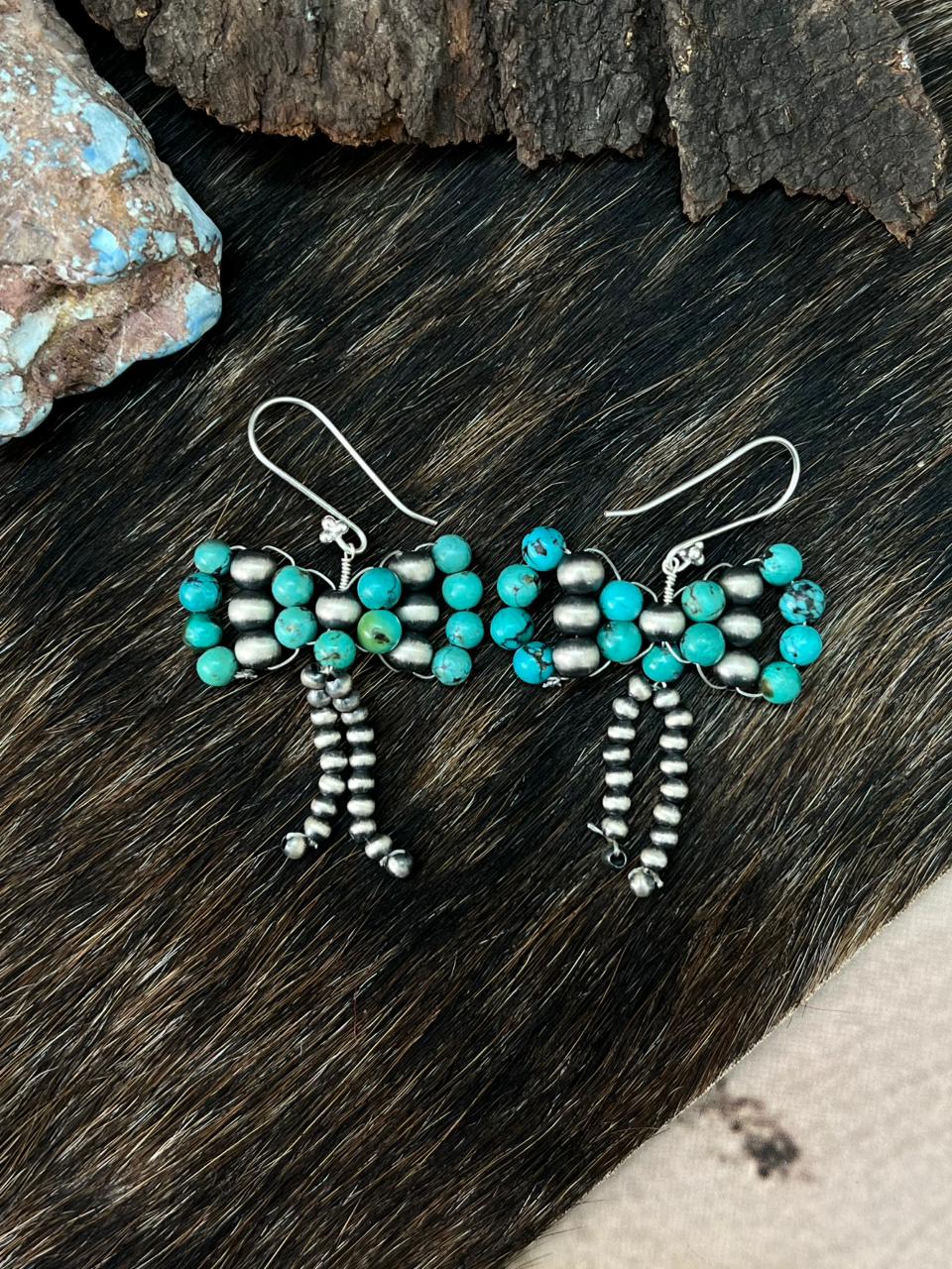 Handmade Sterling Silver Kingman Turquoise Beaded Hook Dangle Earrings "Signed Nizhoni"