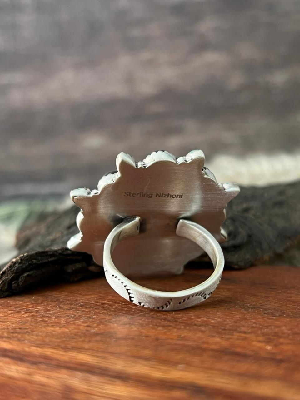 Handmade Sterling Silver Blackjack with Kingman Turquoise Adjustable Ring "Signed Nizhoni"