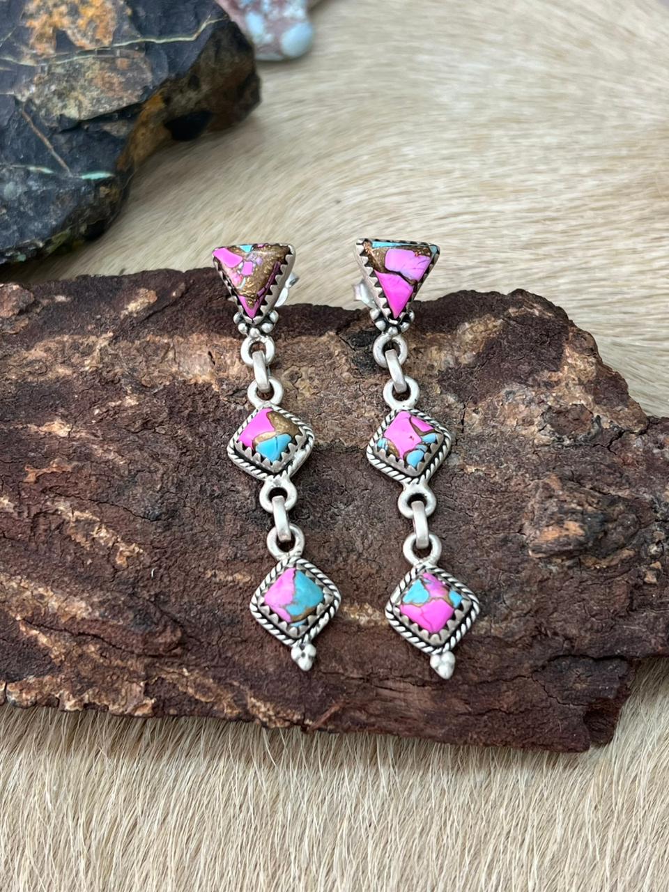 Handmade Sterling Silver Cotton Candy Post Dangle Earrings "Signed Nizhoni"